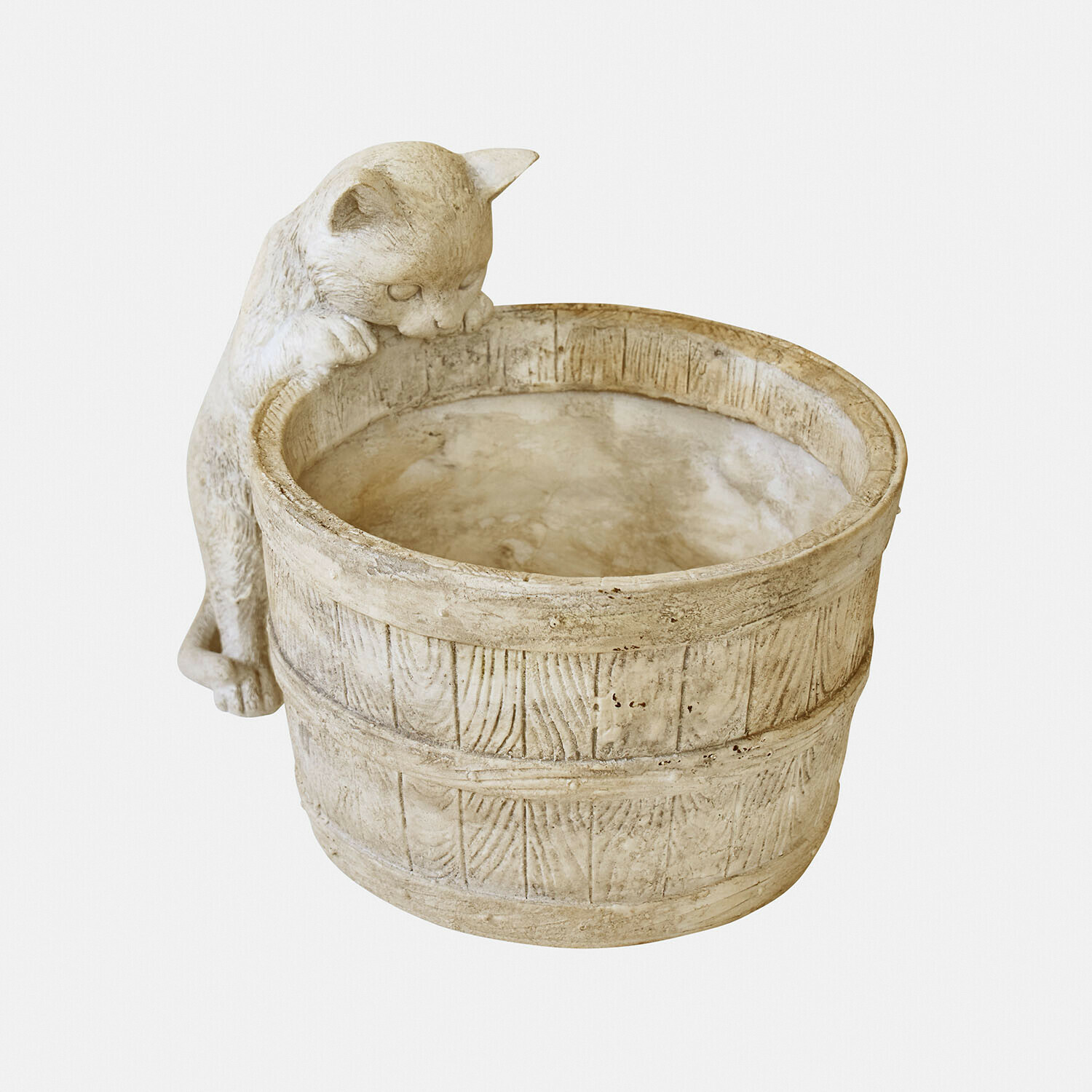Übertopf Finløf Beige Steintopf mit Katzenfigur am Rand, dekorative Gartendekoration aus robustem Material
