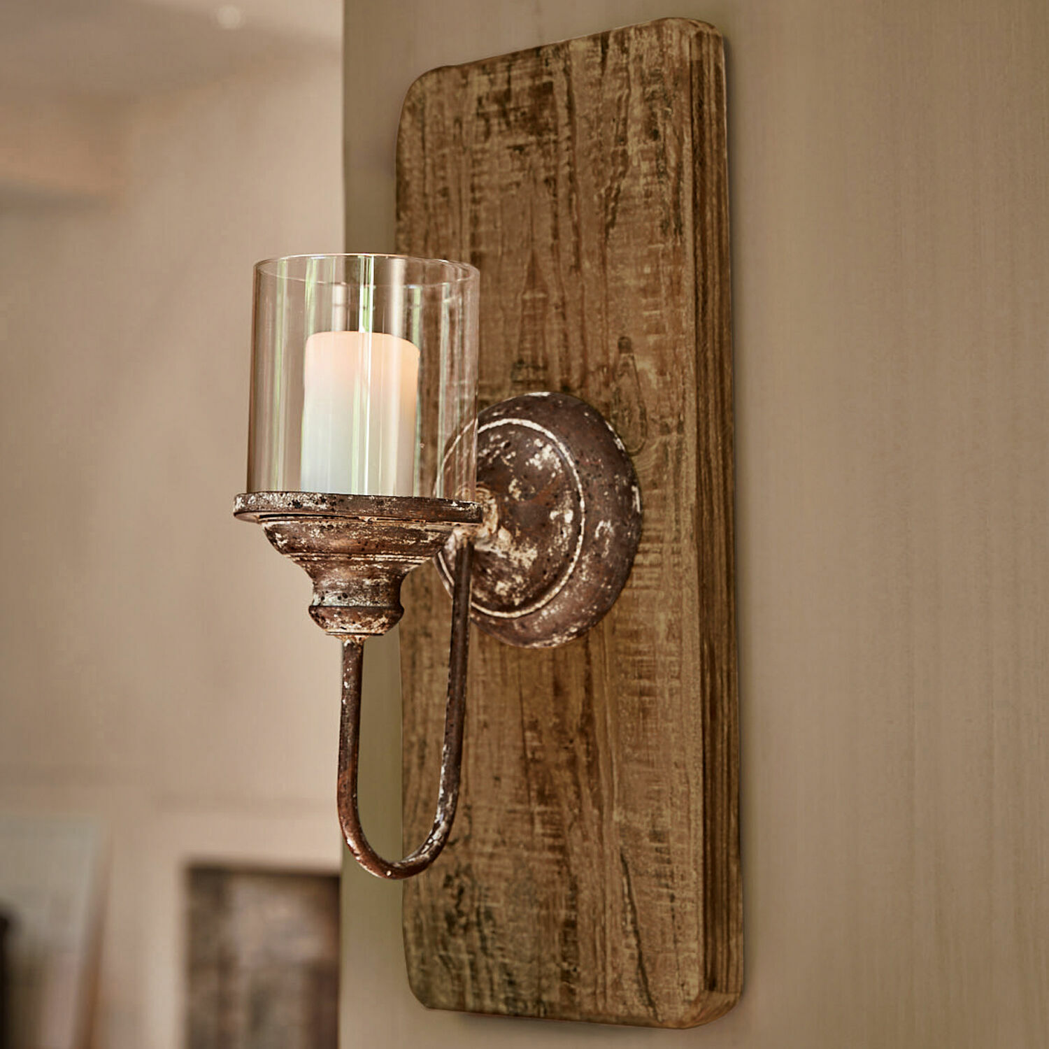 Wandkerzenhalter Vios Rustikaler Wandkerzenhalter aus Metall und Holz in Braun mit Glas für Kerzen zur Wanddekoration