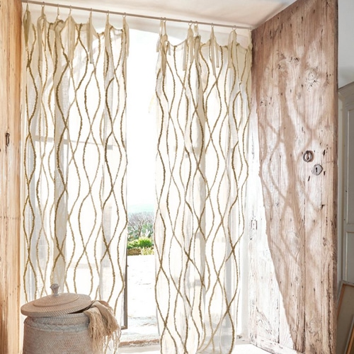 Transparente Vorhänge mit beigem Zopfmuster, natürliche Boho-Fensterdekorationen
