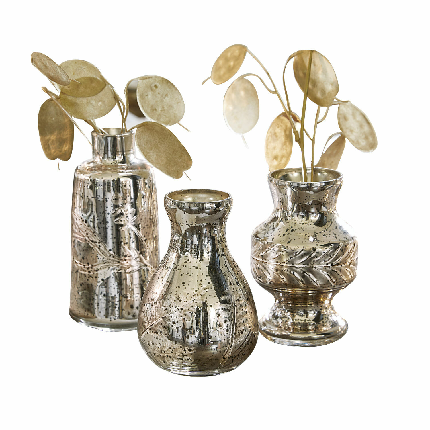 Vase 3er Set Briolique Set aus drei dekorativen silbernen Glasvasen mit Blattmotiv und goldfarbenen Akzenten