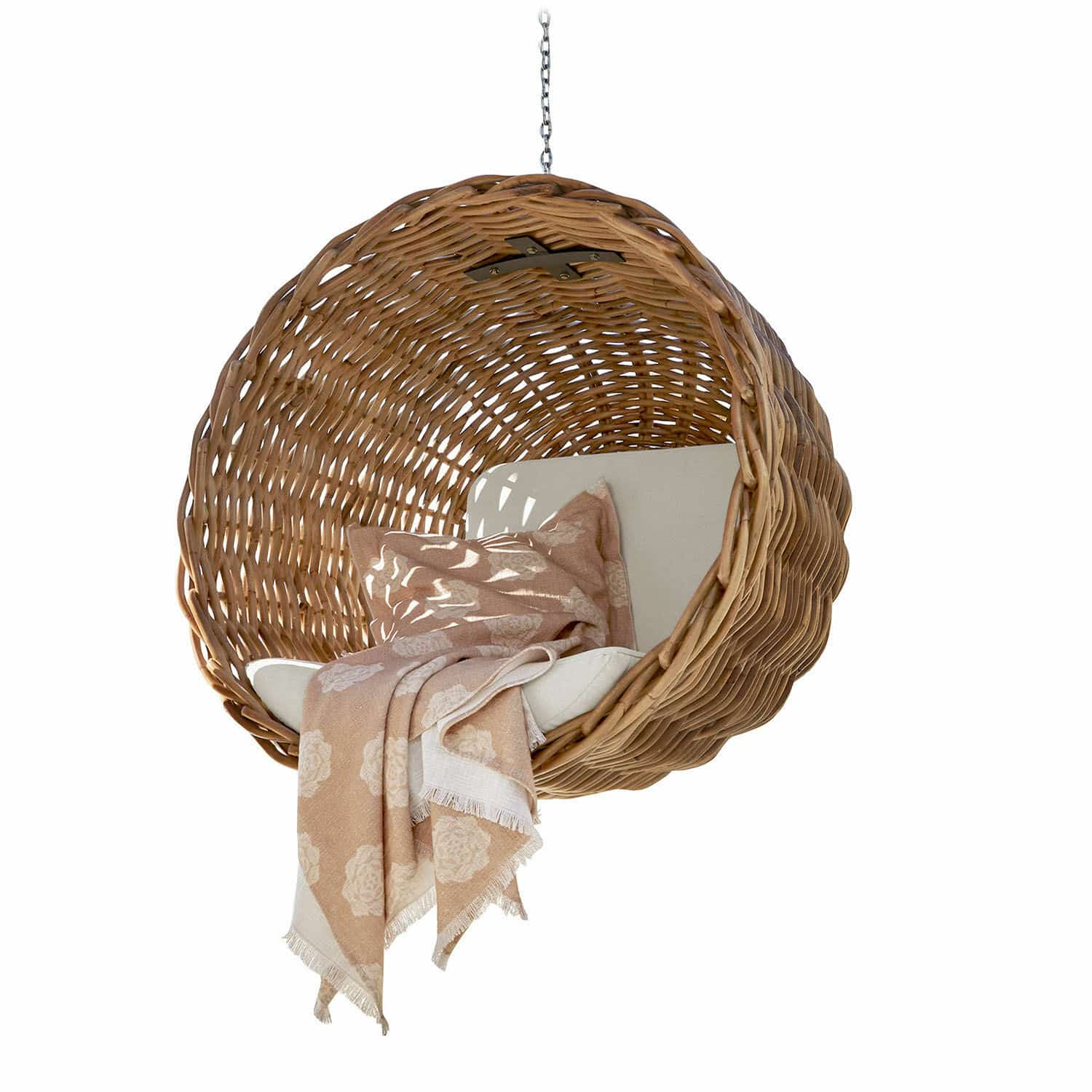 Hängesessel Nirevox Hängesessel aus natürlichem Rattan mit hellem Kissen und beigefarbener Decke mit Blumenmuster für gemütliche Sitzplätze