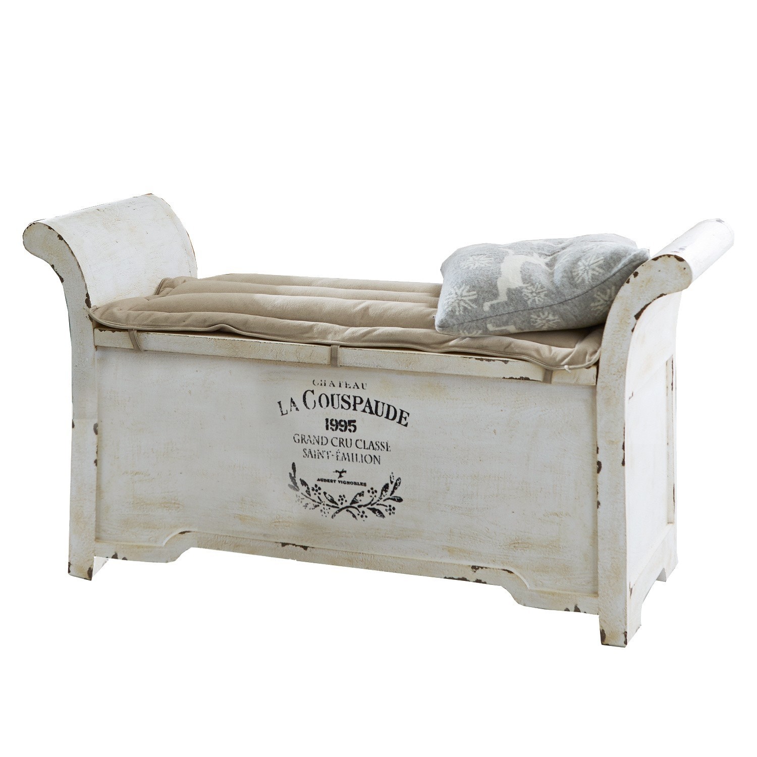 Bank Andance Vintage weisse Holzbank mit beiger Sitz- und grauer Dekokissenpolsterung