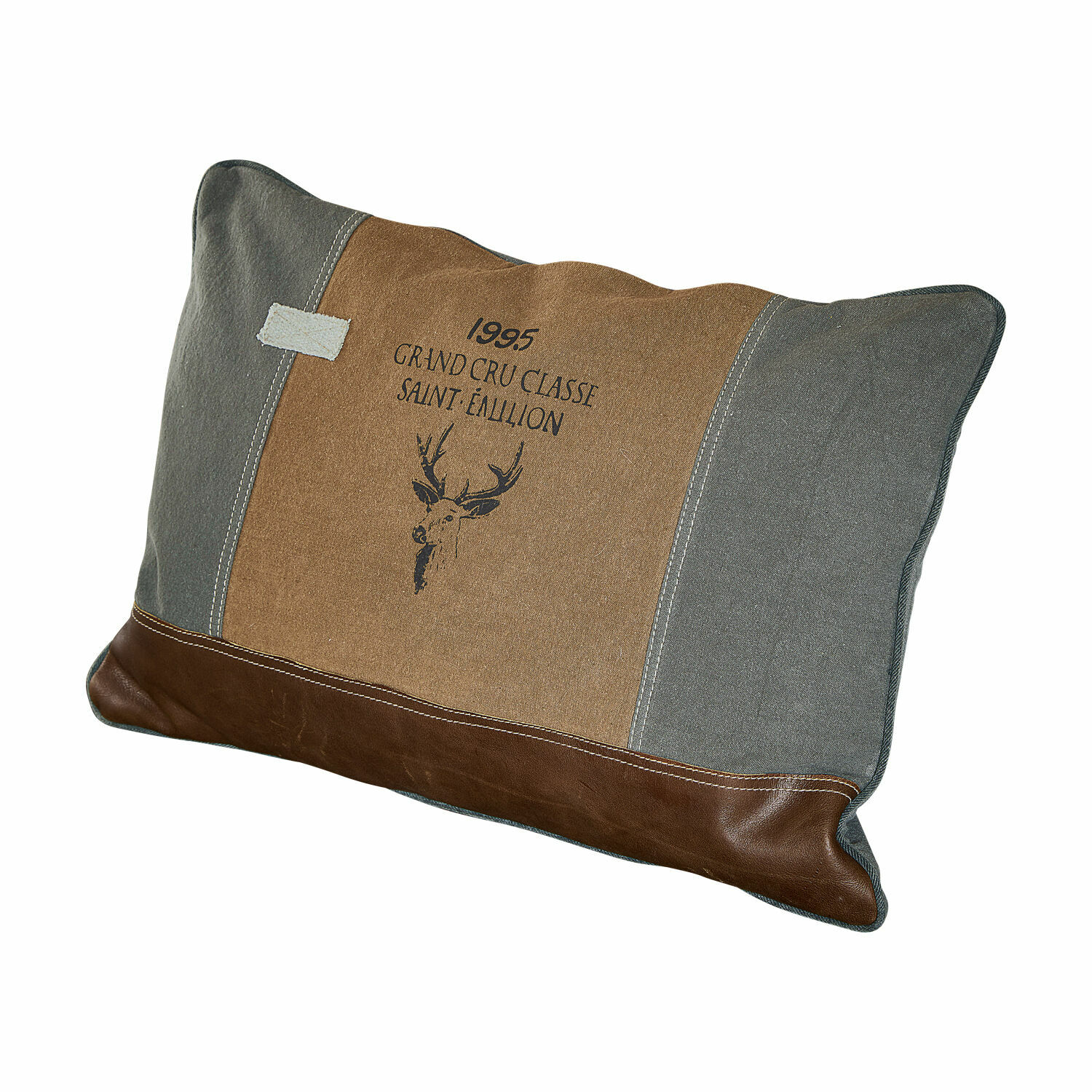 Kissen Chiron Dekoratives Kissen aus Stoff und braunem Leder mit Hirschmotiv und Grand Cru Classé-Schriftzug