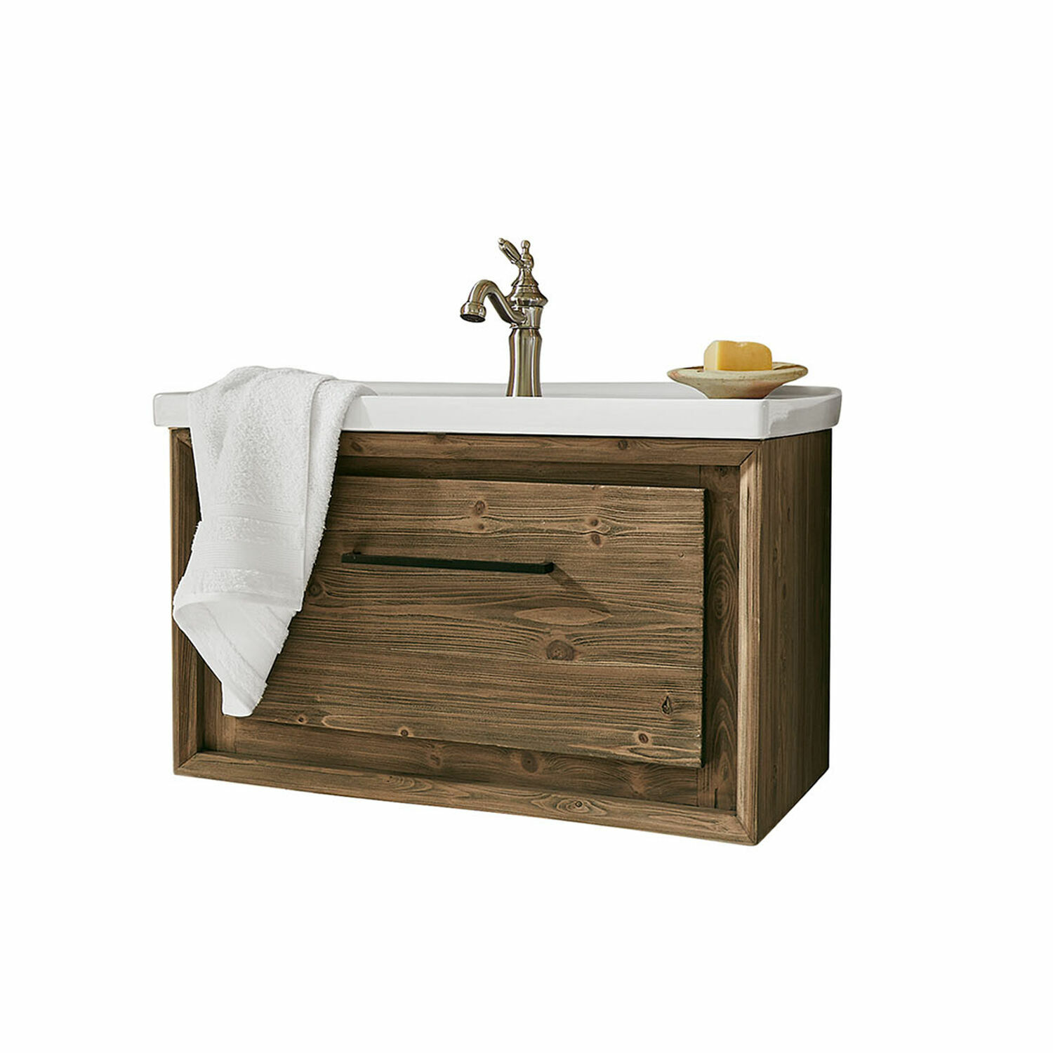 Waschtisch Greenhaven Holz-Badezimmerschrank mit weissem Keramikwaschbecken, Metallarmatur, Handtuch und Seife
