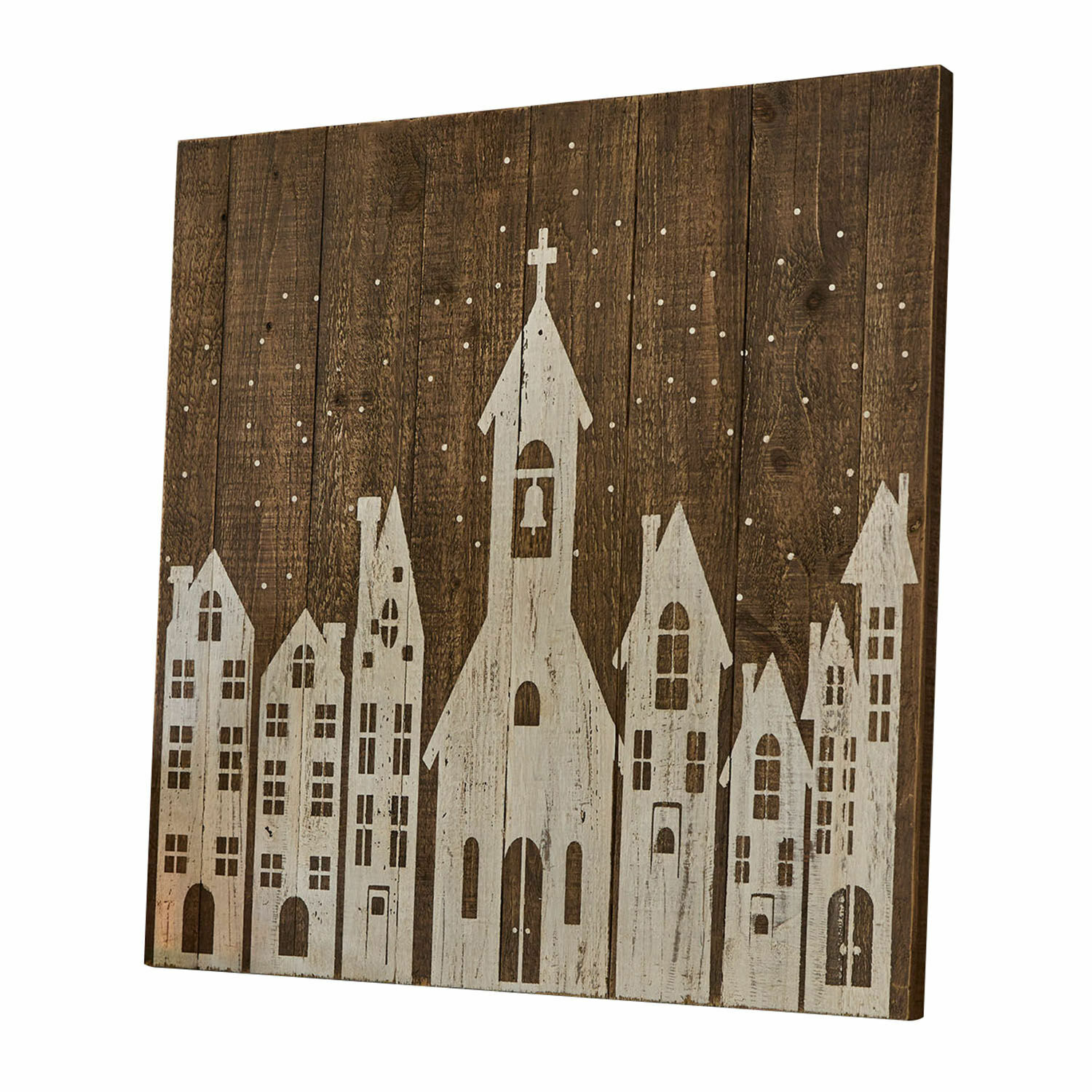 Dekoboard Luce Holz-Wanddekoration mit weissem Motiv von Häusern und Kirche auf dunklem Hintergrund, Weihnachtsdekoration