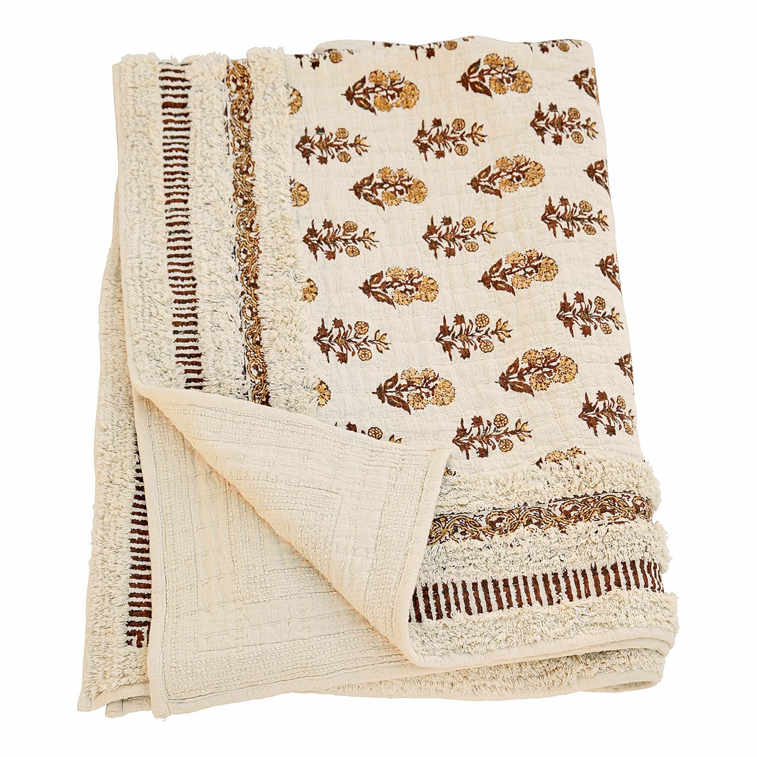 Plaid Arsalan Cremefarbene Baumwolldecke mit braunem Blumenmuster und dekorativen Fransen, Wohntextil
