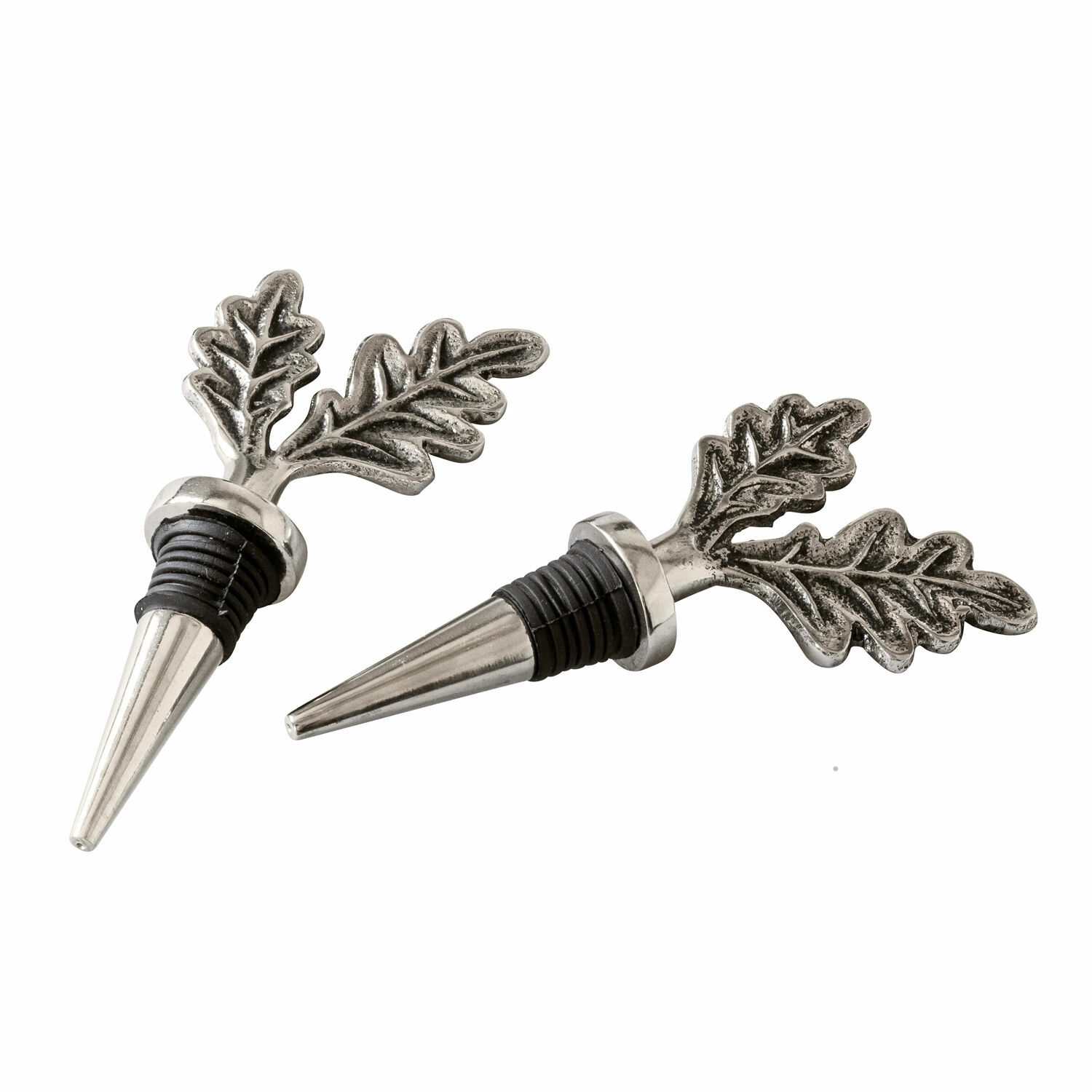 Flaschenverschluss 2er Set Vibius Set aus zwei silberfarbenen Metallflaschenverschlüssen mit Eichenblattdekor
