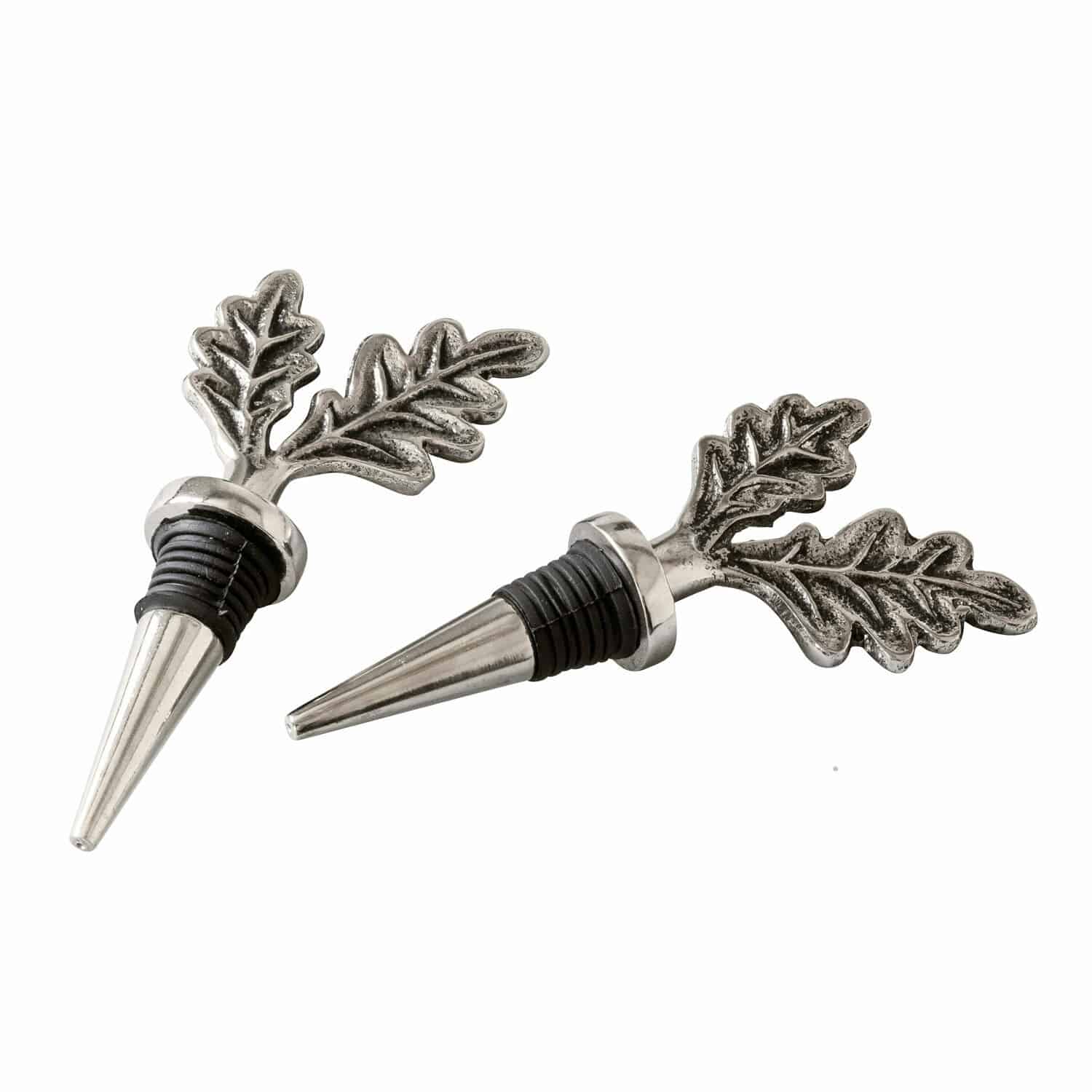 Flaschenverschluss 2er Set Vibius Set aus zwei silberfarbenen Metallflaschenverschlüssen mit Eichenblattdekor