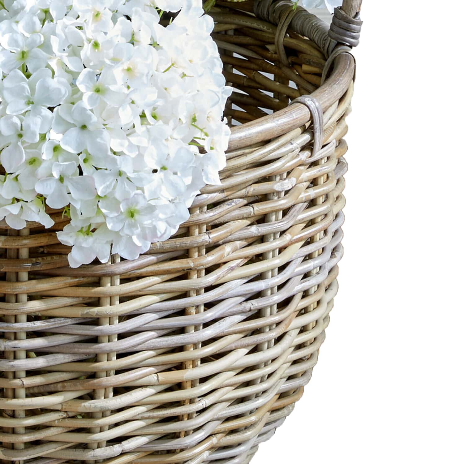 Naturfarbener Weidenkorb mit weissen Blumen, dekorativer Korb für Haus und Garten