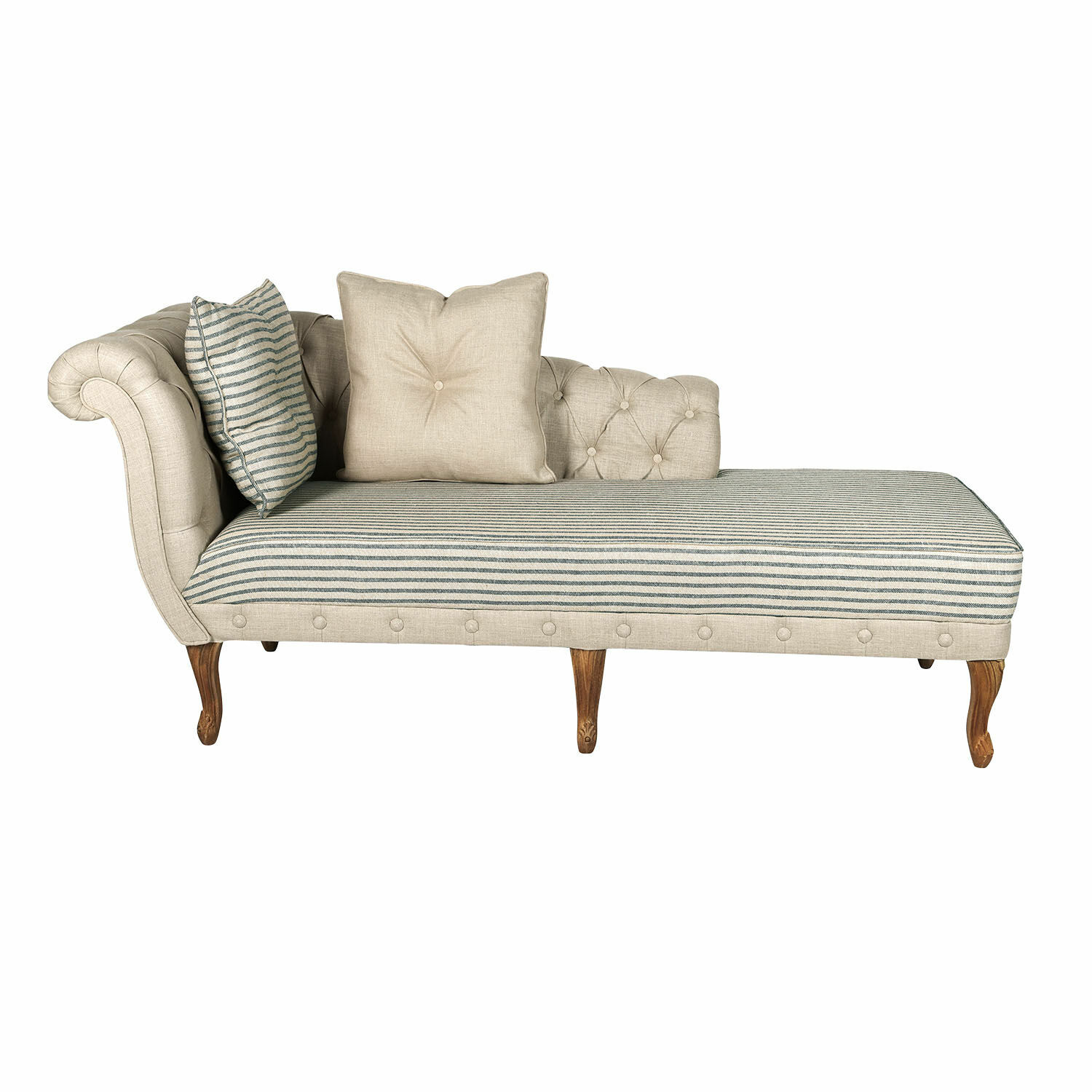 Beige-graue Chaiselongue Viviani aus Stoff mit Holzbeinen für das Wohnzimmer