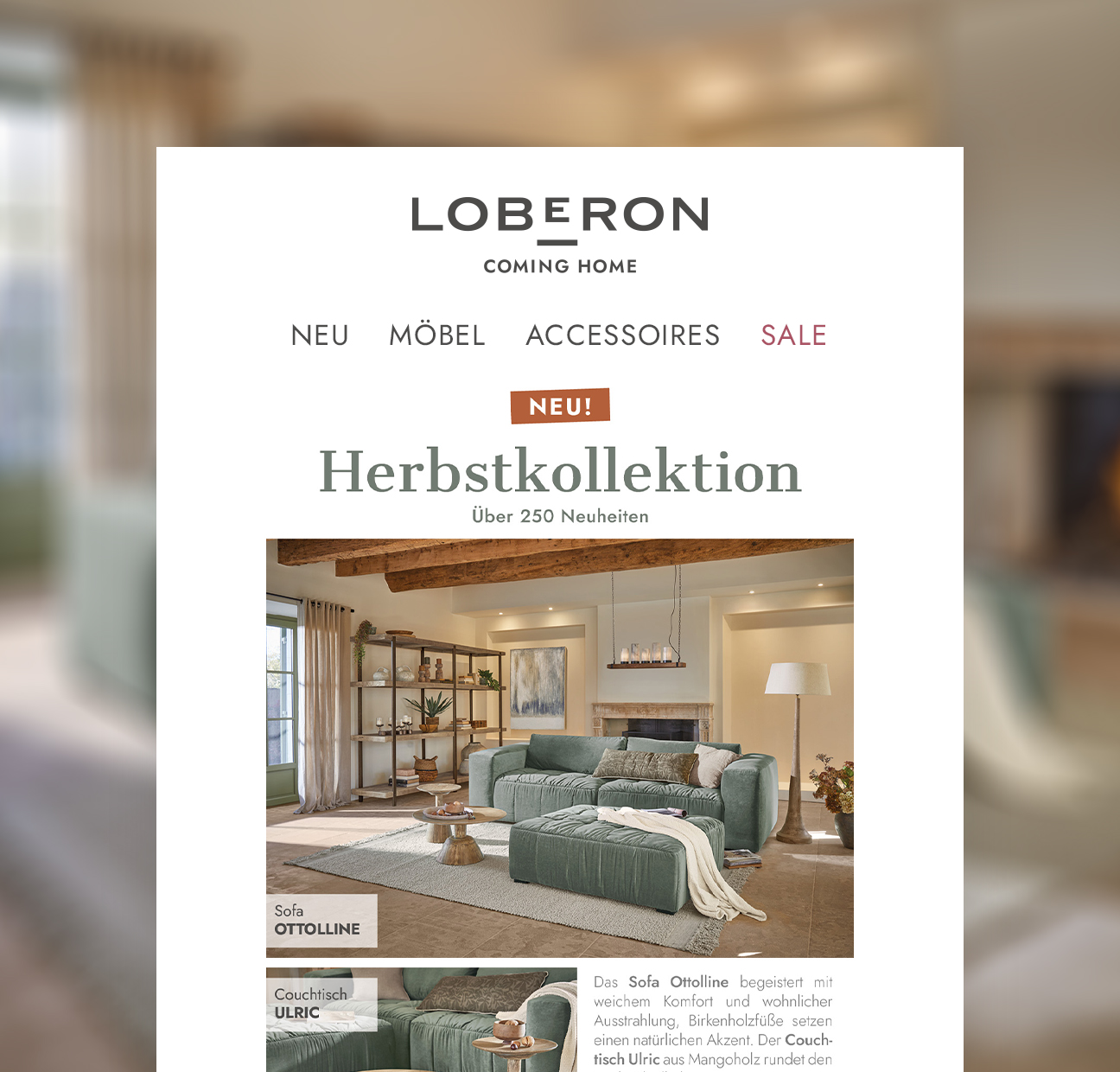 Neue Herbstkollektion mit grünem Sofa Ottoline und Couchtisch Ulric in gemütlichem Wohnzimmer mit Holzbalken