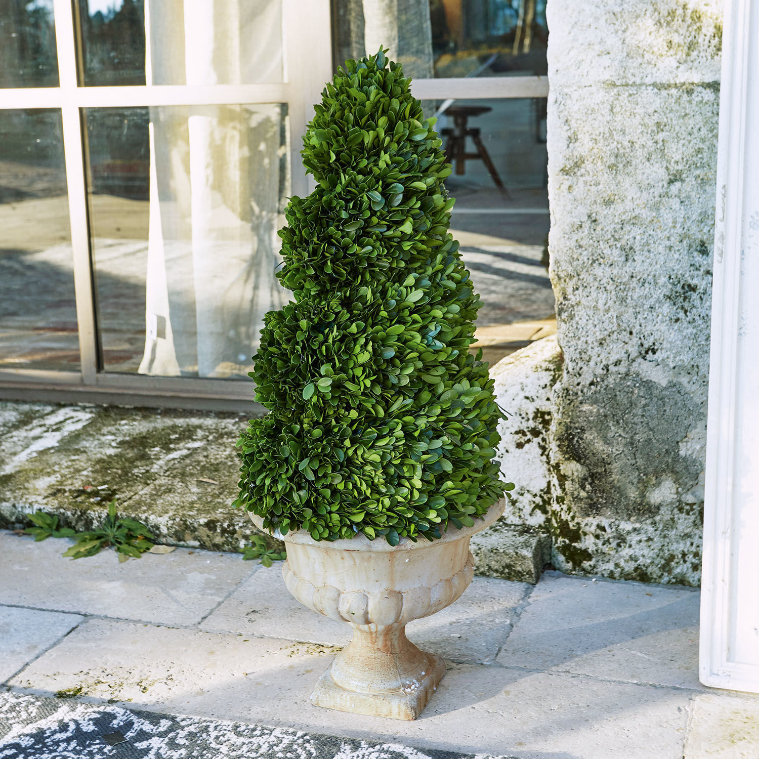 Deko-Baum Humbria Grüner künstlicher Buchsbaum in cremefarbener Keramikvase auf Terrasse, Gartendekoration