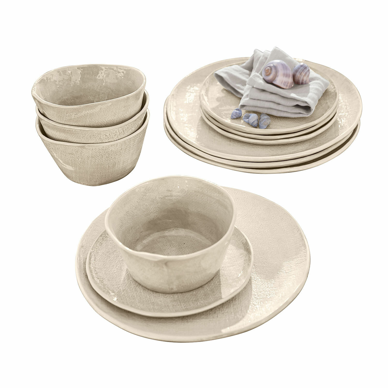 Geschirr 12er Set Luganville Beige Keramikgeschirr-Set mit Tellern und Schalen in rustikaler Struktur für den Esstisch