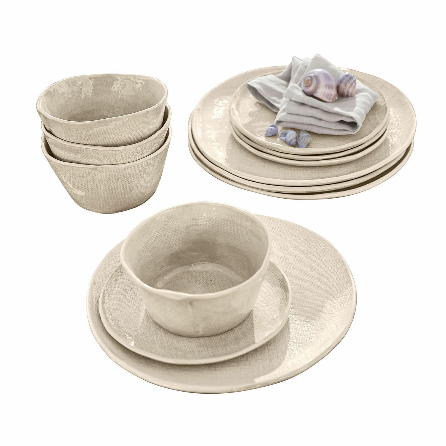 Geschirr 12er Set Luganville Beige Keramikgeschirr-Set mit Tellern und Schalen in rustikaler Struktur für den Esstisch