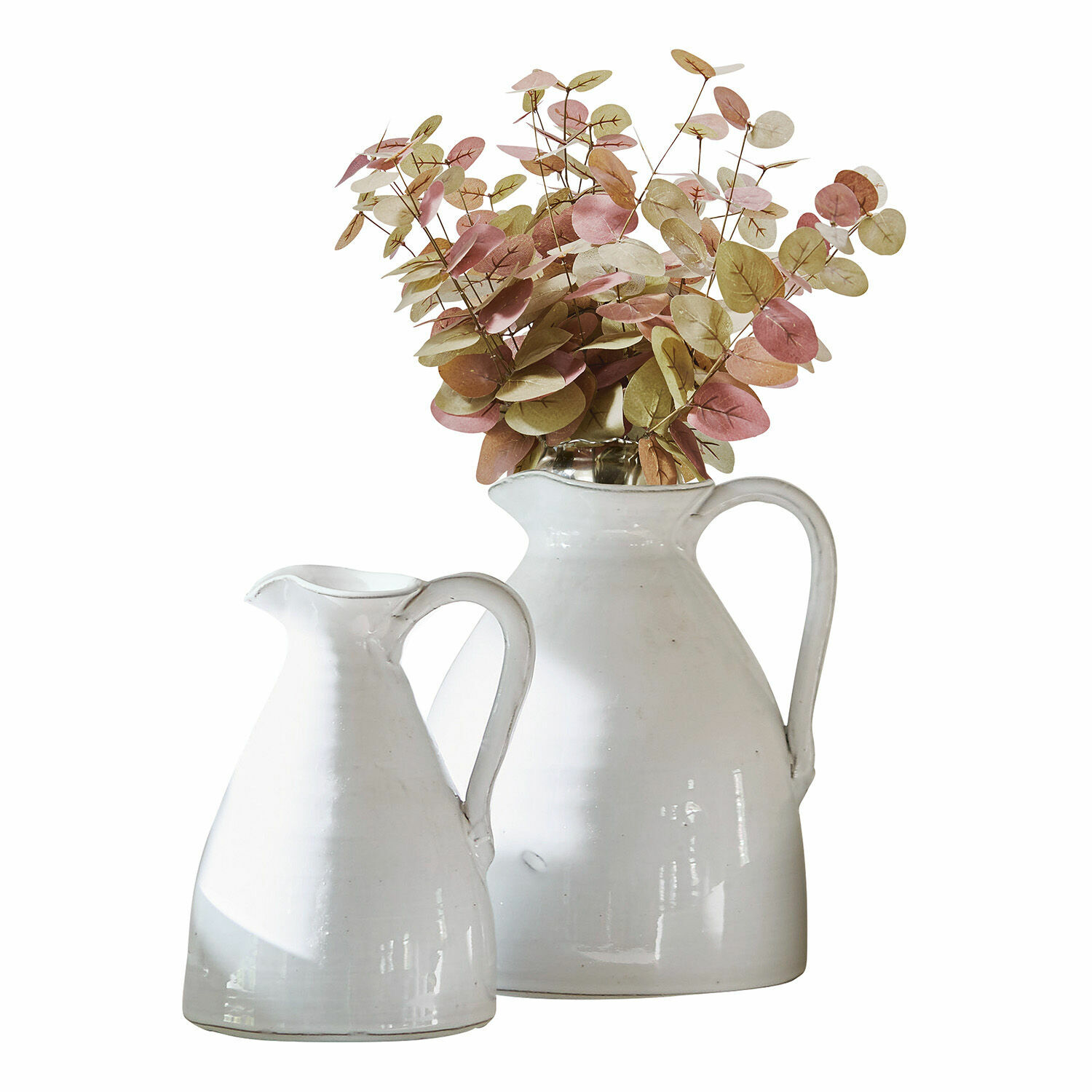 Vase 2er Set Yarick Set aus zwei weissen Keramik-Krügen mit rosa-grünem Laub, rustikaler Dekorationsstil