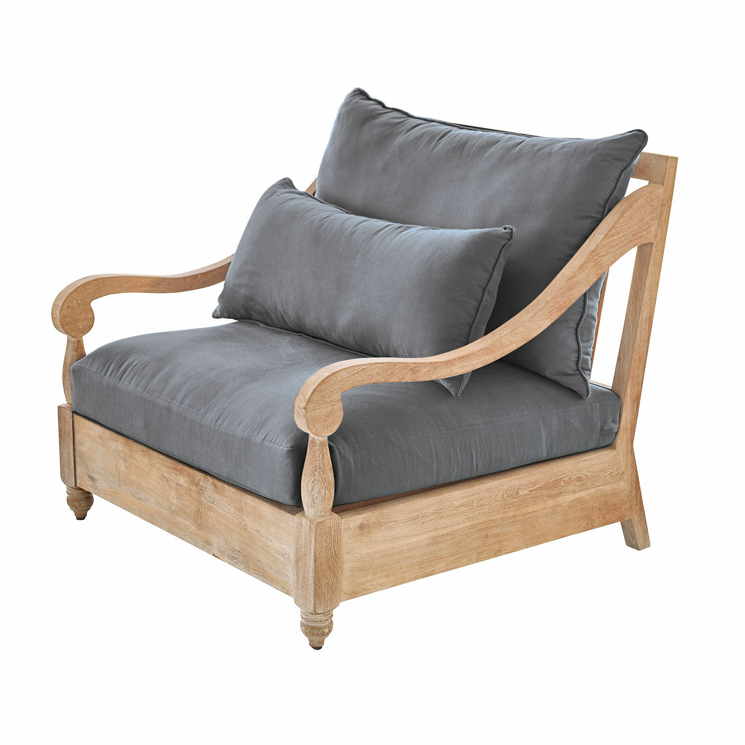 Sessel Montcassin Sessel aus hellem Holz mit grauen Stoffkissen, bequemer Polstersessel fürs Wohnzimmer.