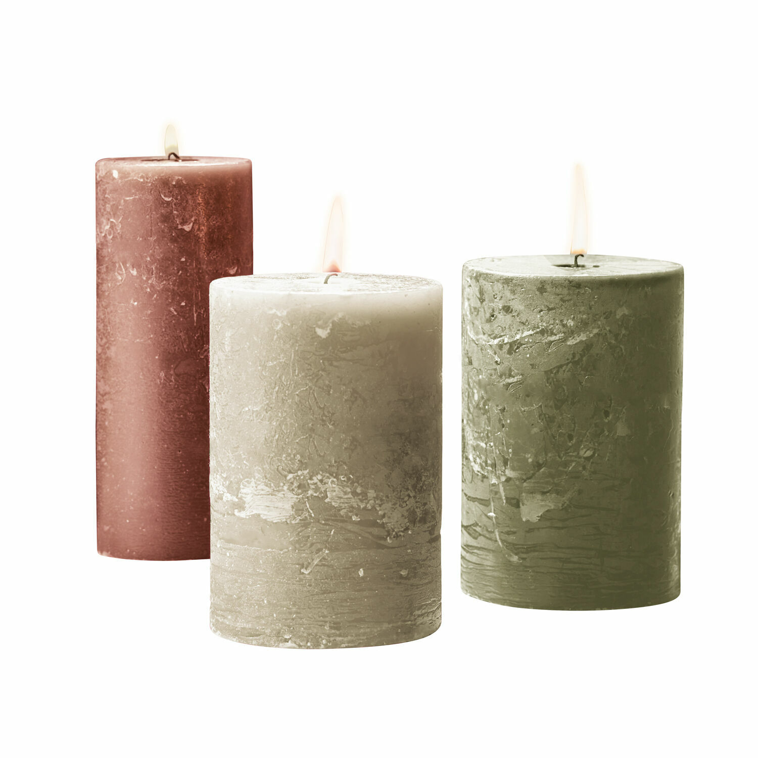 orange/grün 3er-Set Salis-Kerzen aus Naturwachs in Orange, Grün und Beige für stimmungsvolle Beleuchtung