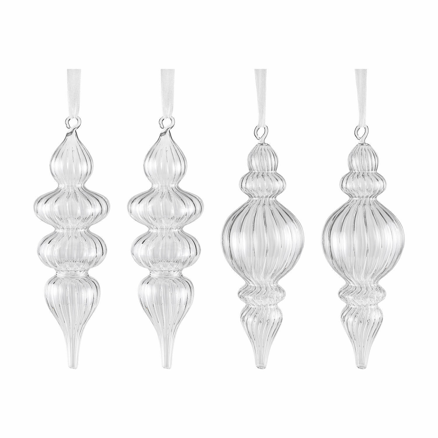 Weihnachtsschmuck 4er Set Diorise Set aus vier transparenten Glas-Weihnachtsanhängern mit weissen Bändern zum Aufhängen