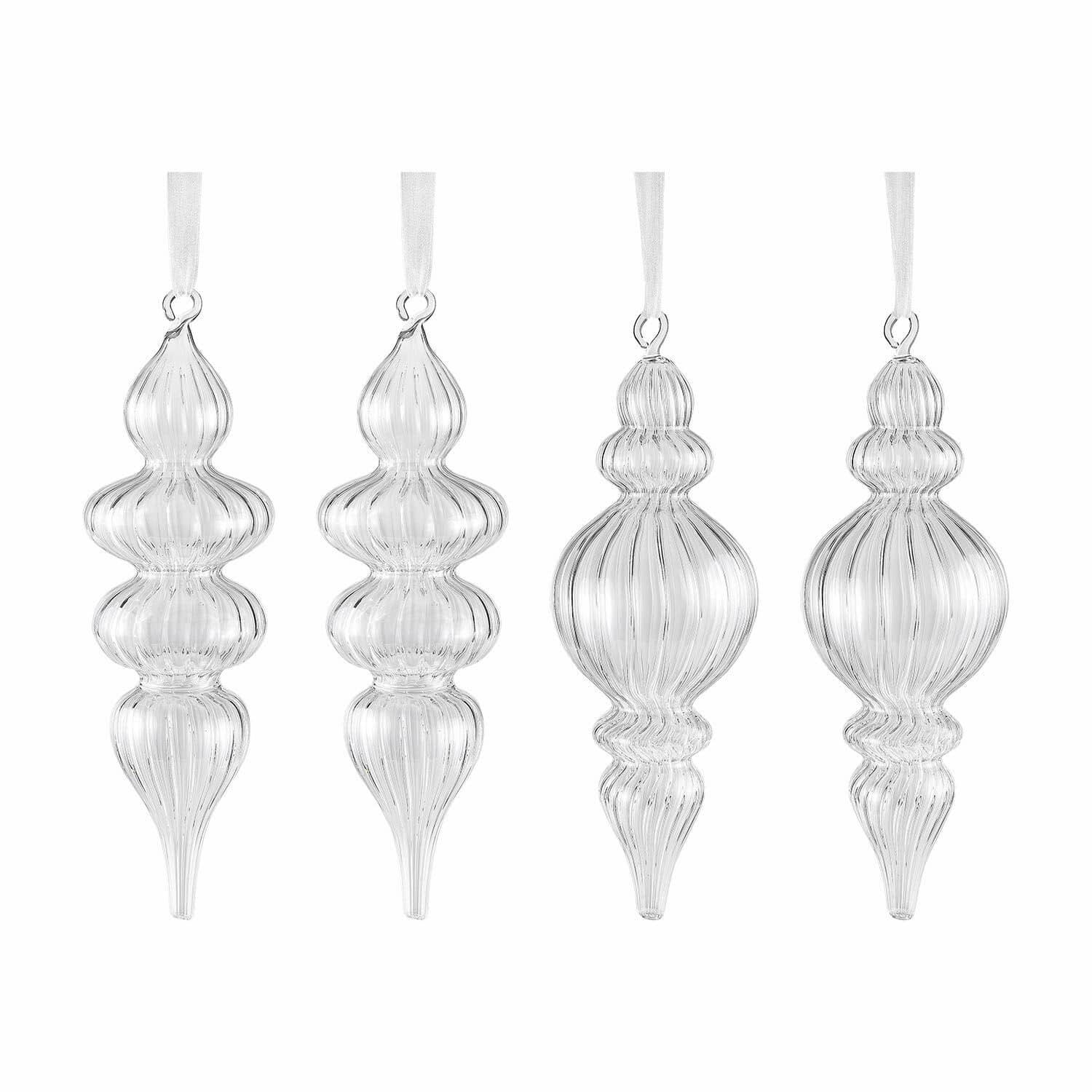 Weihnachtsschmuck 4er Set Diorise Set aus vier transparenten Glas-Weihnachtsanhängern mit weissen Bändern zum Aufhängen