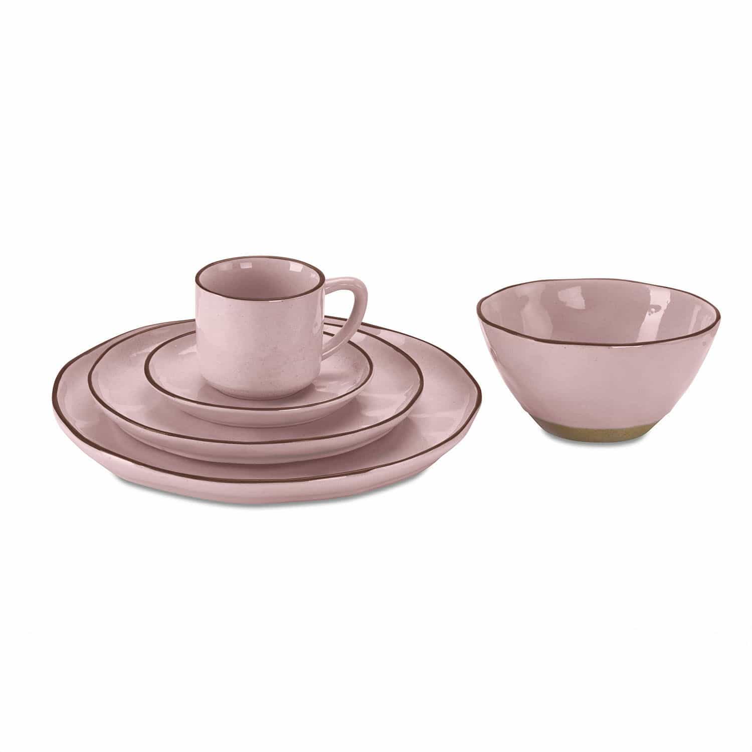 Geschirr 30er Set Biarré Set aus rosa Keramik mit Tasse, Tellern und Schüssel mit feinem braunem Rand
