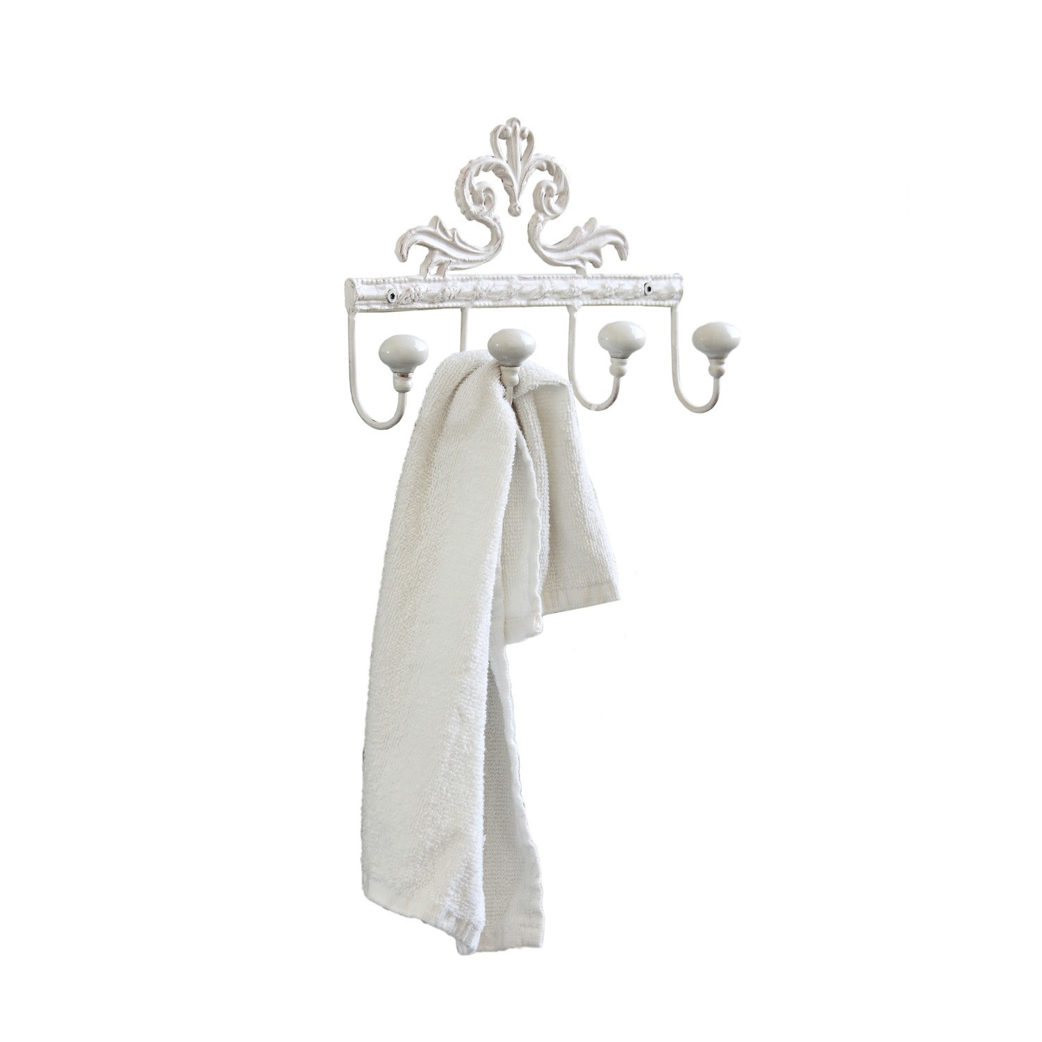 Hakenleiste Cher Weisser Metall-Wandhaken mit fünf Haken und dekorativem Muster, ideal fürs Badezimmer