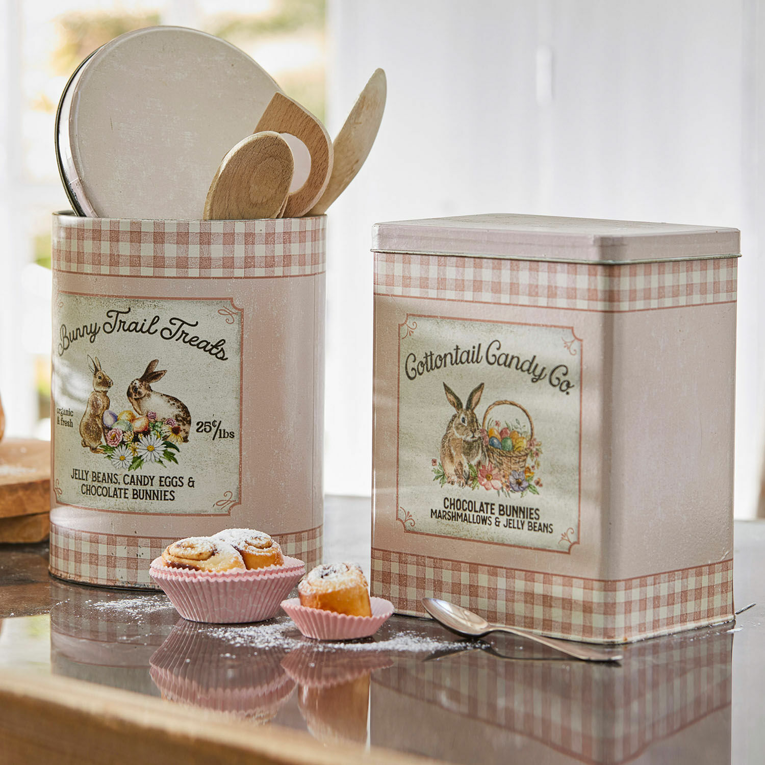 Dose 2er Set Cottontail Pastellrosa Metallbehälter mit Hasenmotiv und Karomuster, Vintage-Küchenaufbewahrung