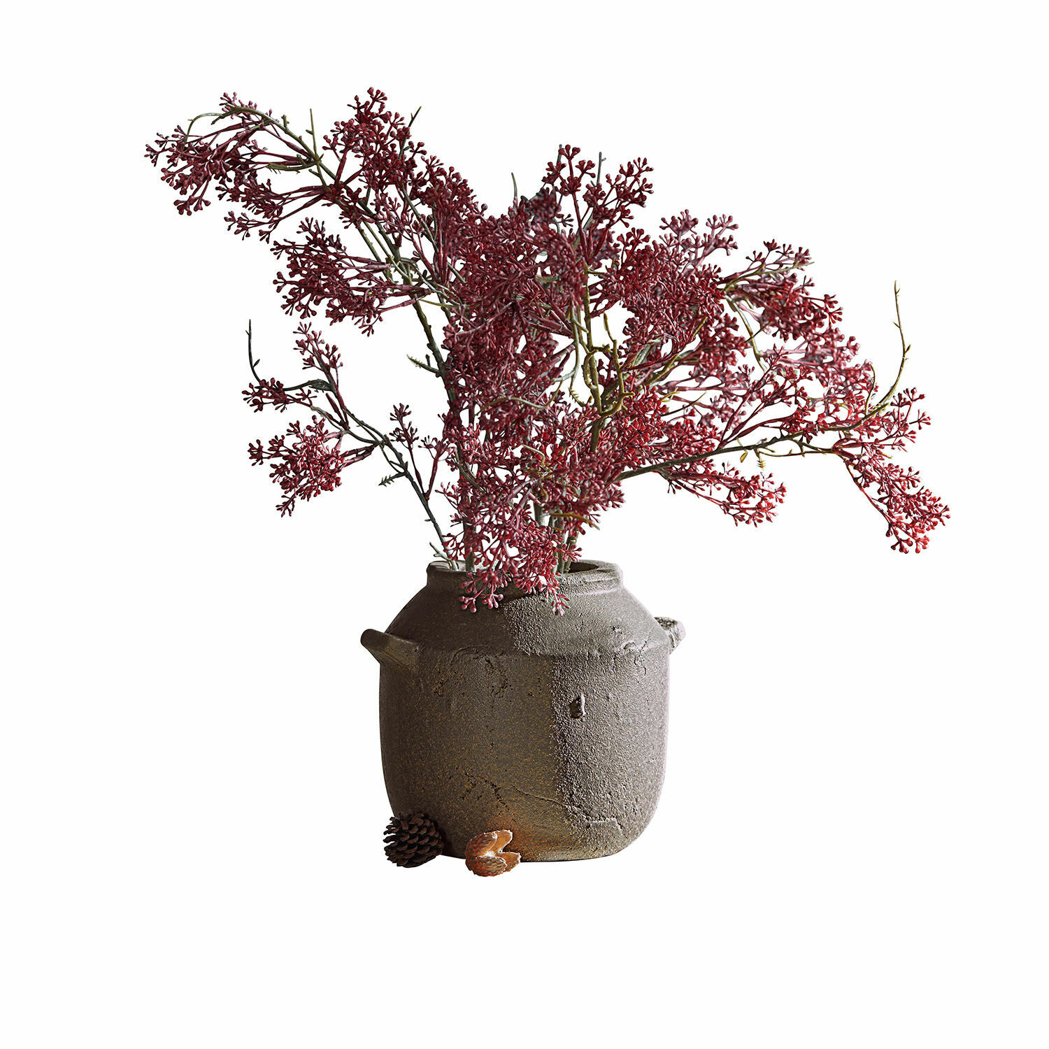 Vase Saintevoux Rustikale graue Keramikvase mit roten Dekozweigen und einer kleinen Kiefernzapfen-Dekoration