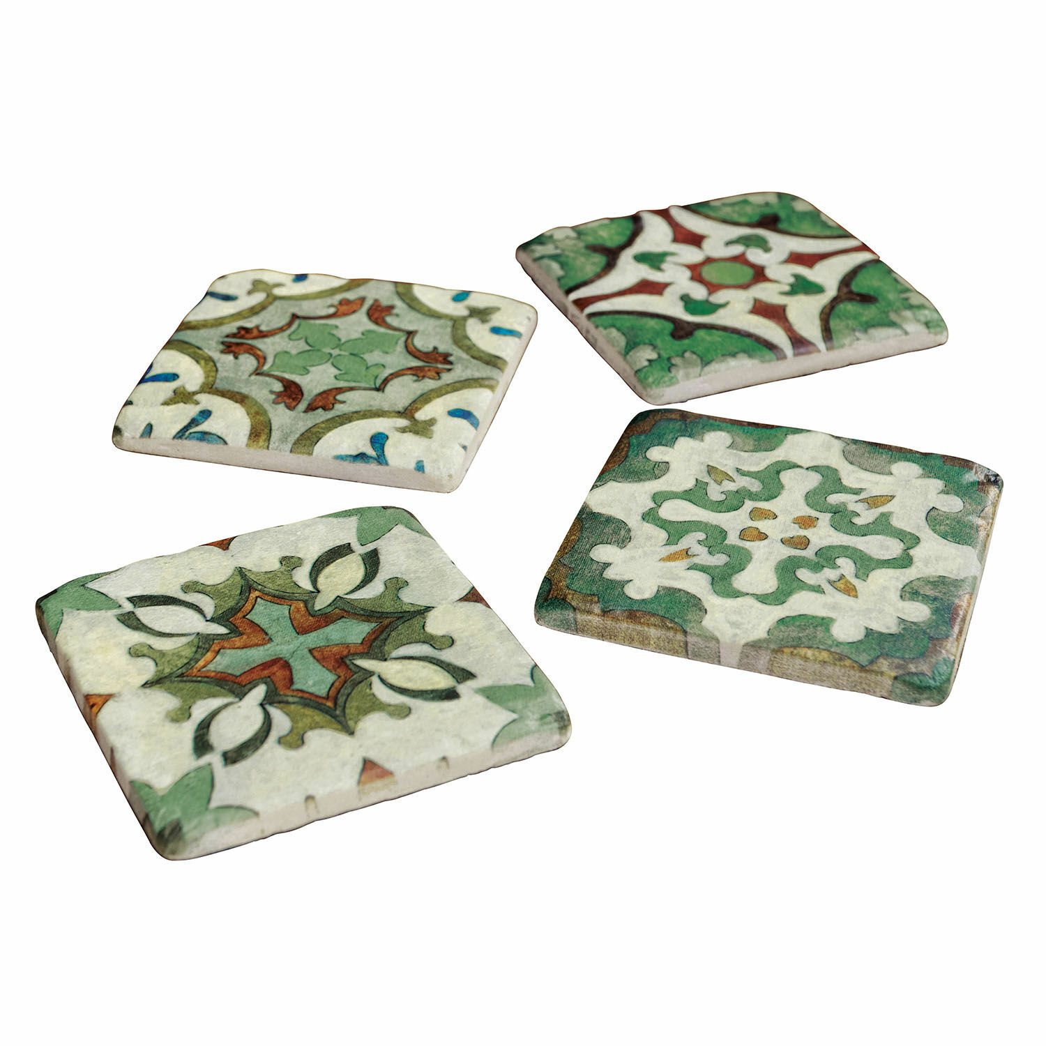 Untersetzer 4er Set Angeot Set aus vier Keramikuntersetzern mit grünen und roten Mustern, dekorative Wohnaccessoires