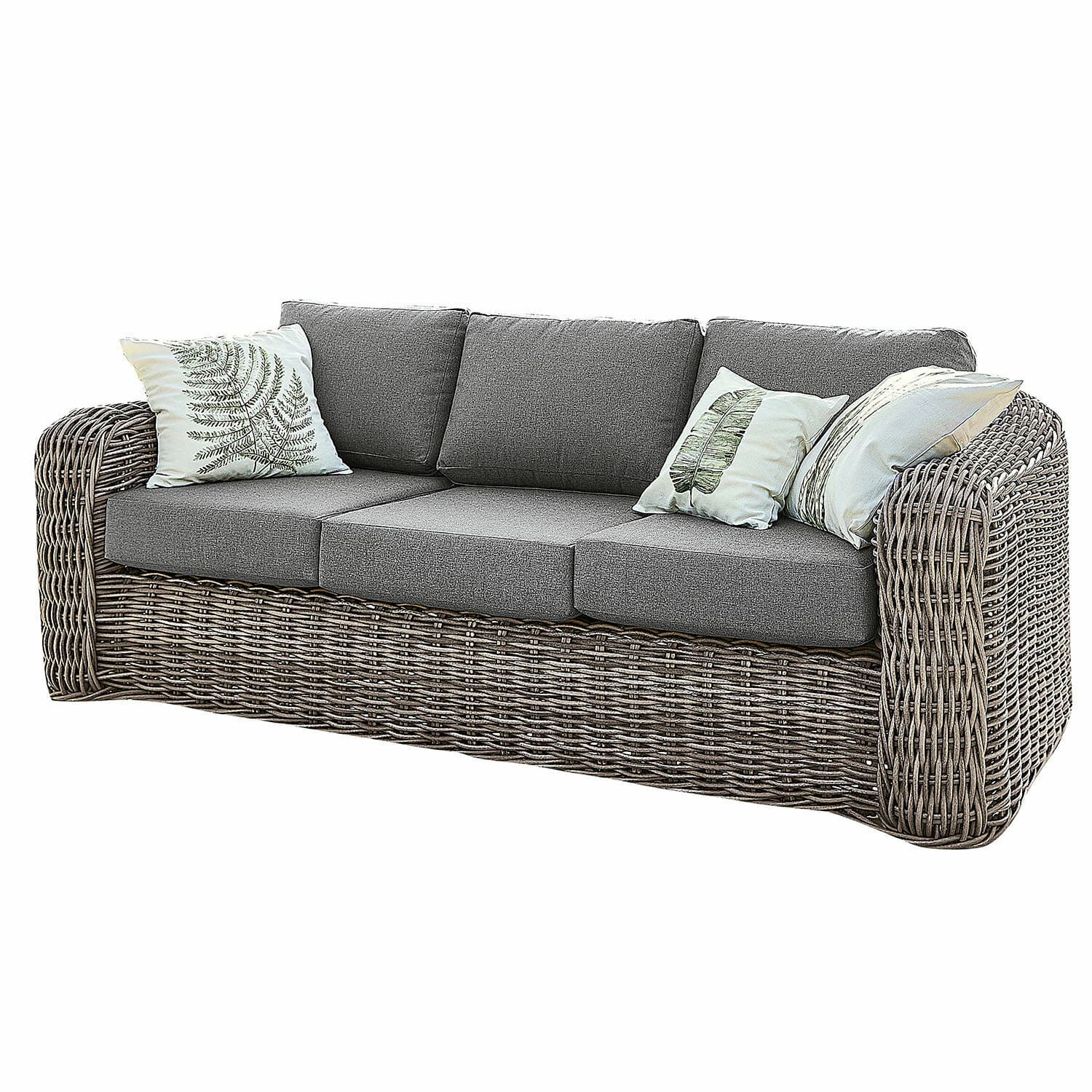 Sofa Upminster Rattansofa mit grauen Polstern und dekorativen Kissen mit Blattmotiv, gemütliches Sitzmöbel