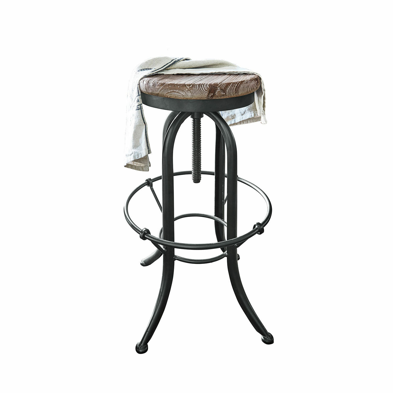 Hocker Cambria Industrieller Barhocker mit schwarzem Metallgestell und Holzsitz mit Stoffbezug