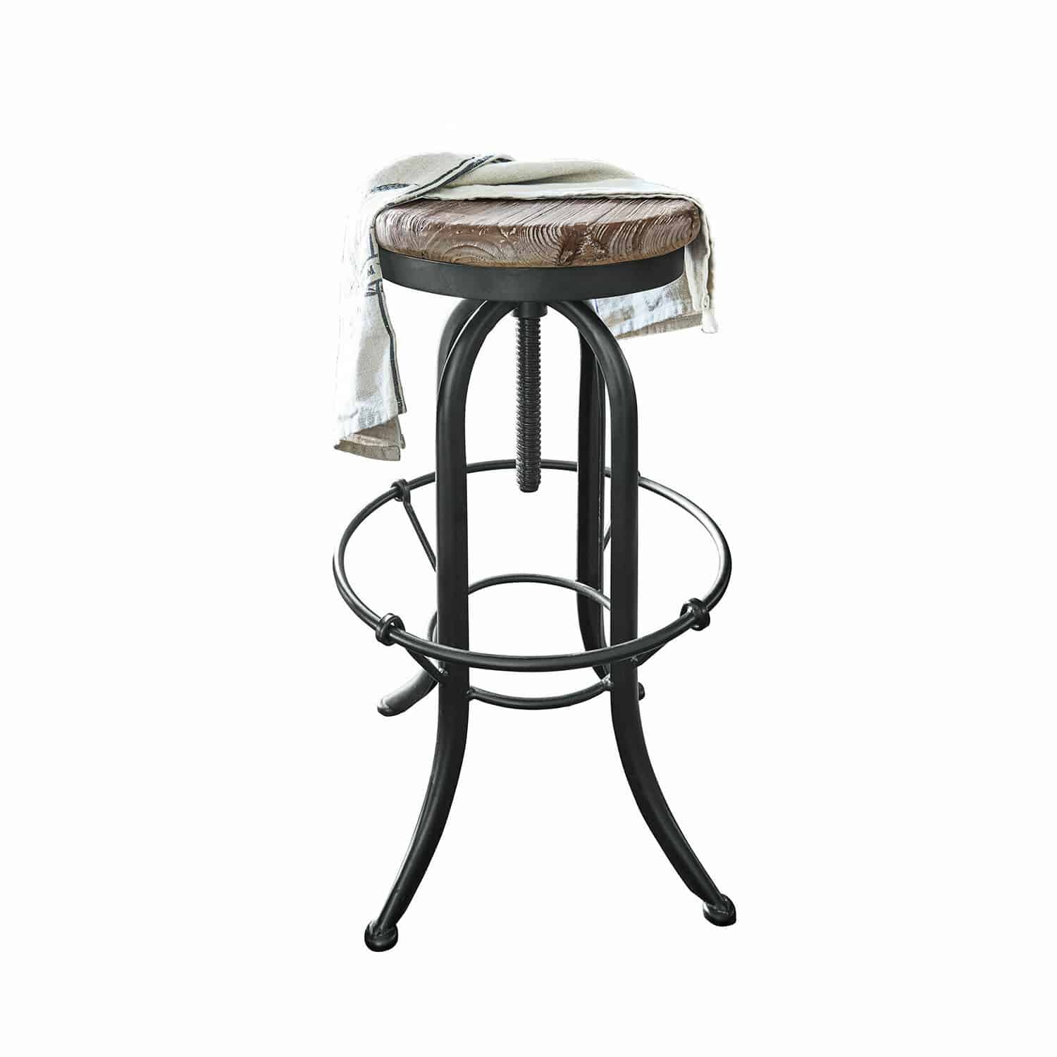 Hocker Cambria Industrieller Barhocker mit schwarzem Metallgestell und Holzsitz mit Stoffbezug