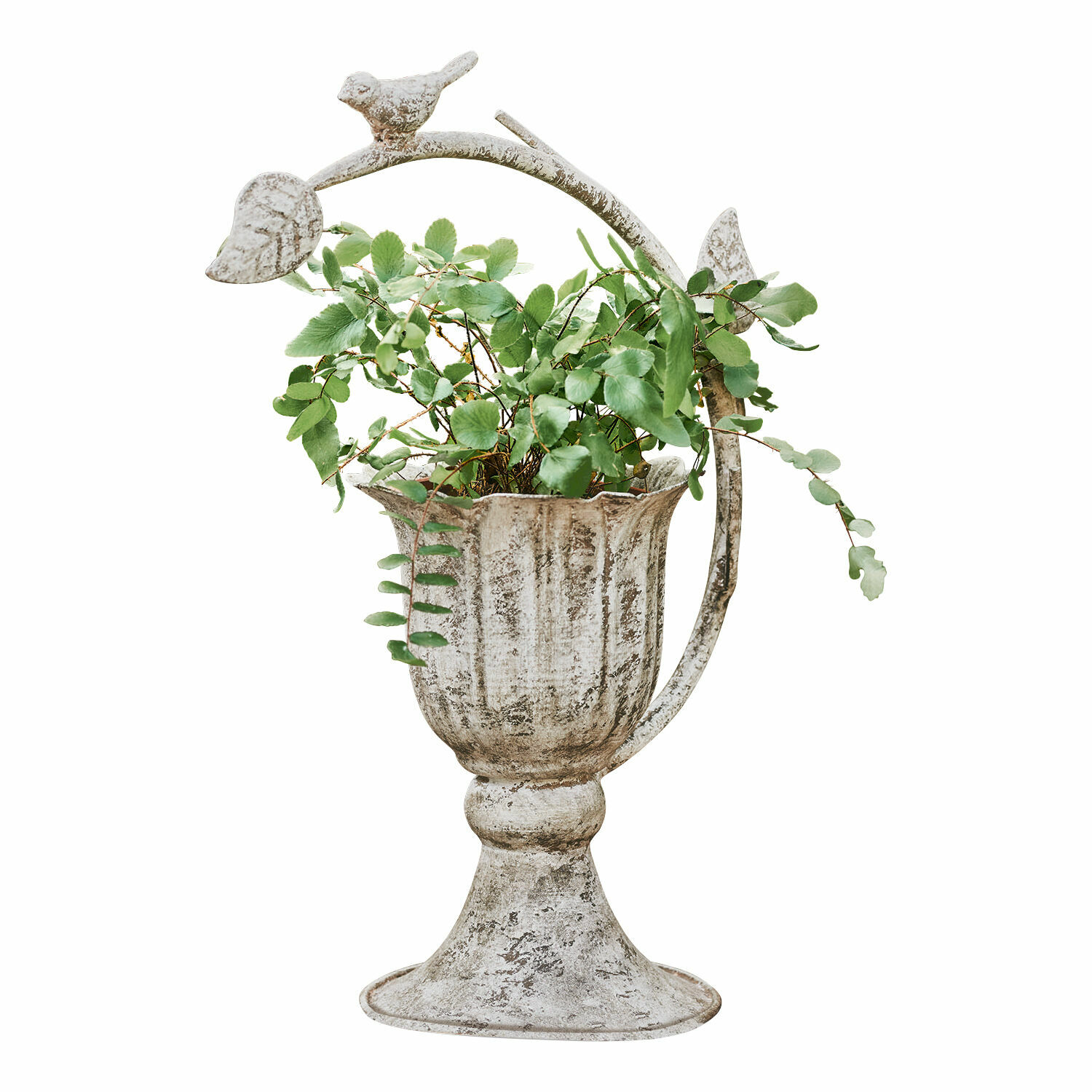Übertopf Laria Dekorative Metallvase in Antikweiss mit grünen Blättern und Vogelverzierung aus Metall