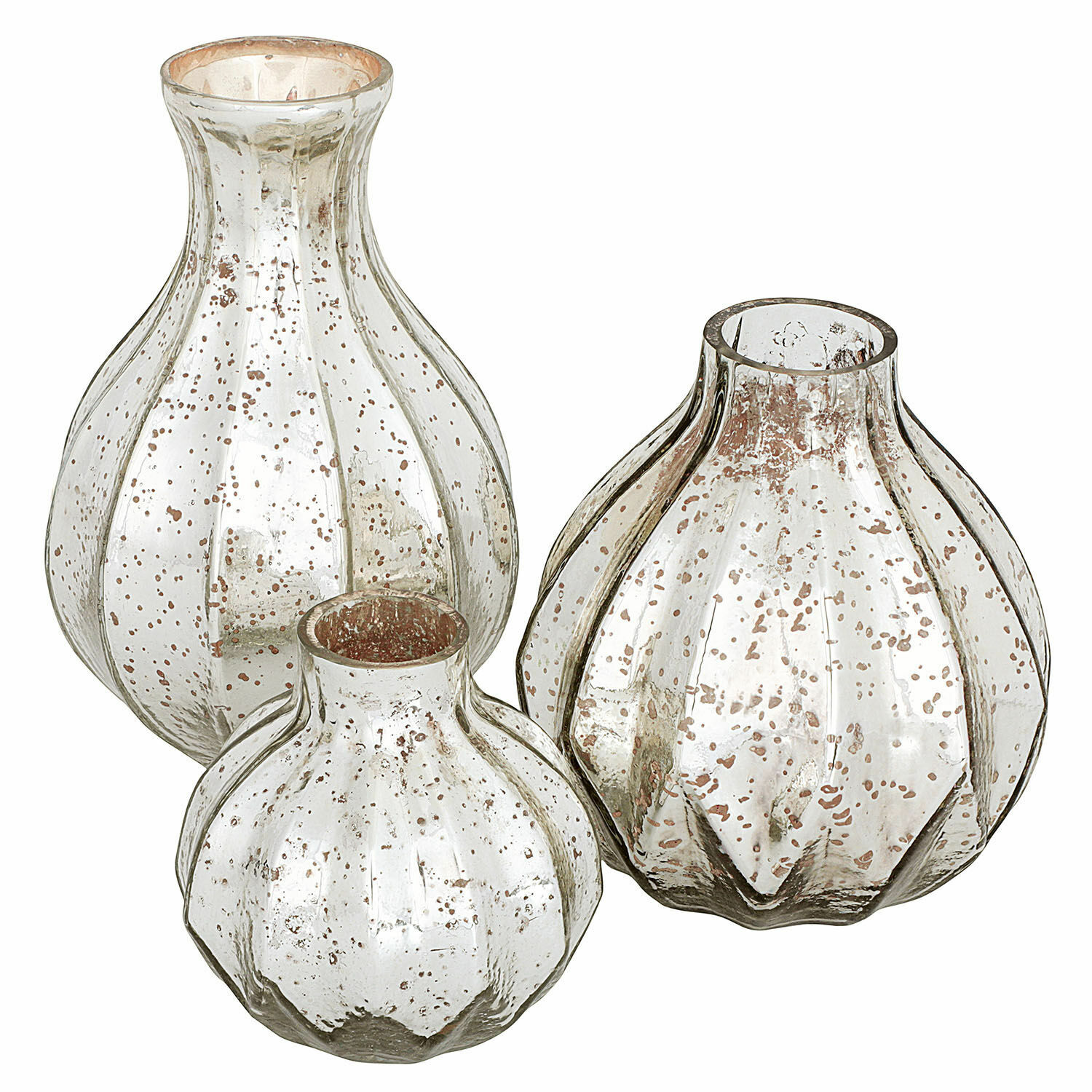 Vase 3er Set Frido Set aus drei dekorativen Glasvasen mit antik-silbernem Effekt, ideal für Wohnräume.