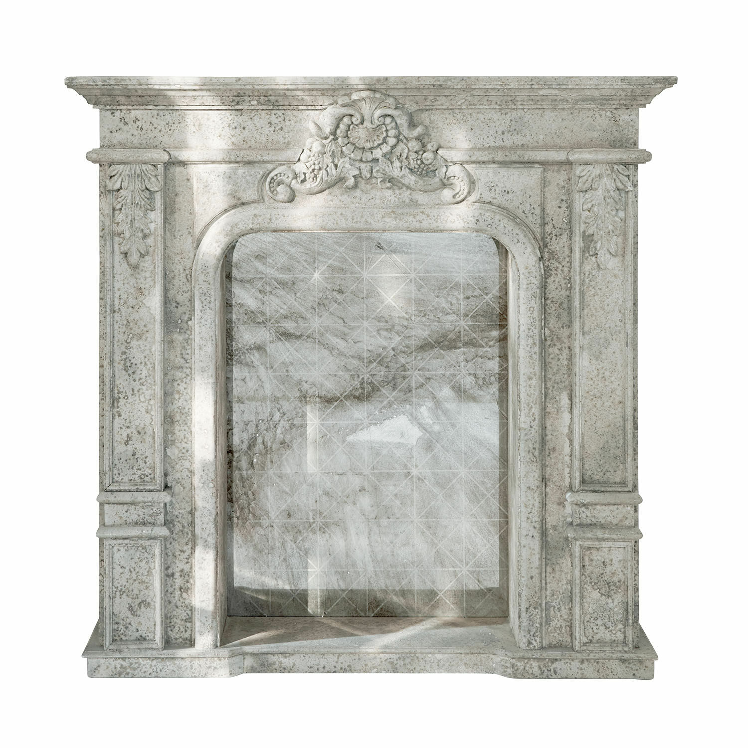 Kaminkonsole Rethonvillers Klassisches Kaminportal aus hellem Marmor mit dekorativem oberen Relief und grauer Marmormaserung