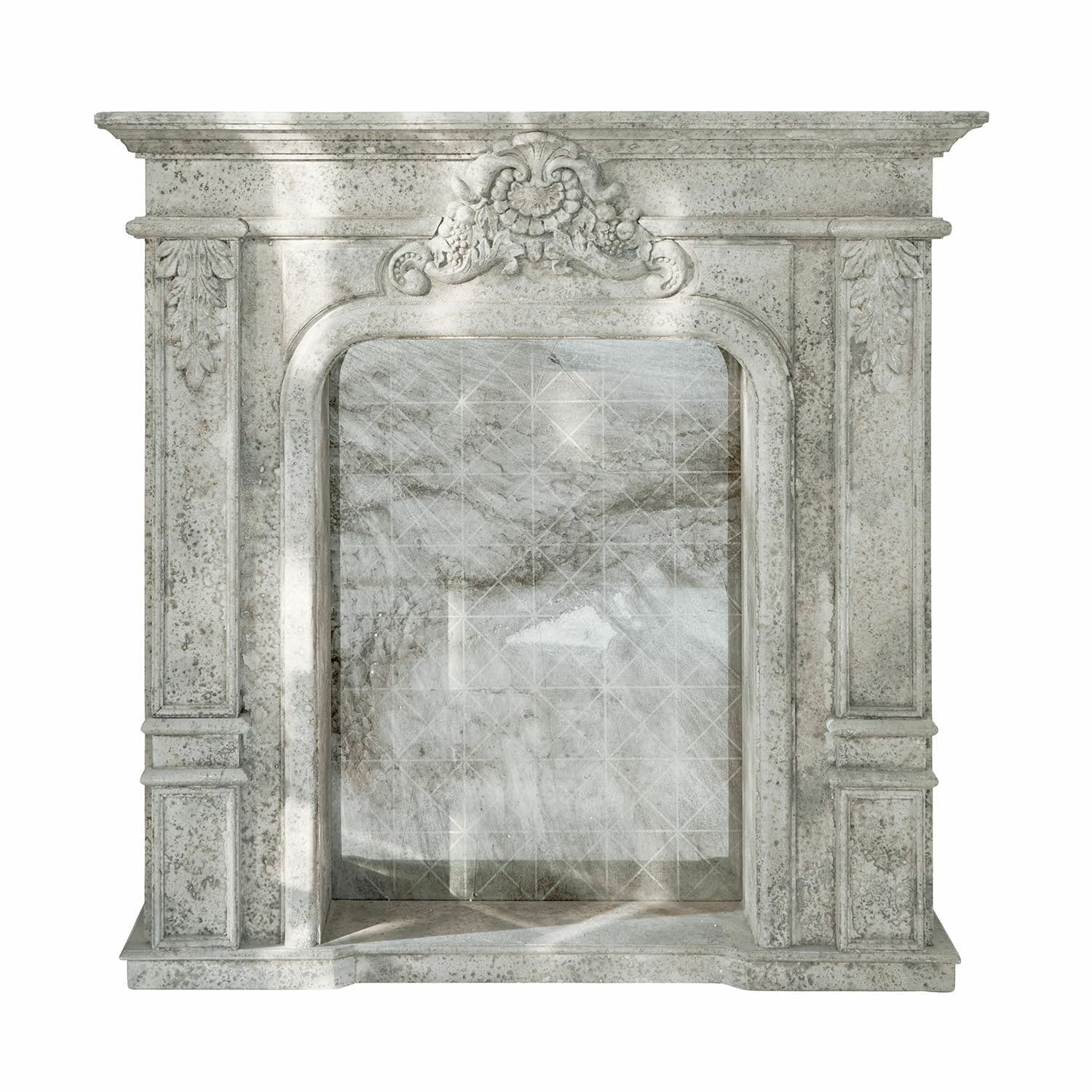 Kaminkonsole Rethonvillers Klassisches Kaminportal aus hellem Marmor mit dekorativem oberen Relief und grauer Marmormaserung