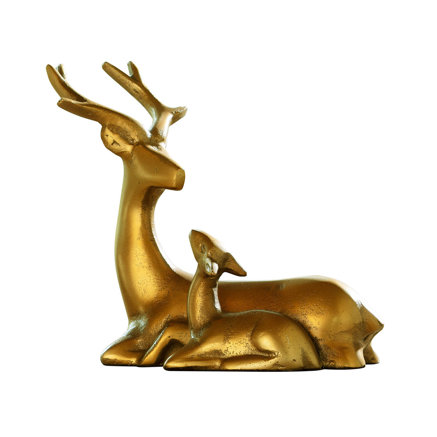 Reh mit Kitz Tiralee Goldfarbene Metall-Dekoration mit liegenden Hirschen, eleganter Wohn- und Weihnachtsdekorationsartikel