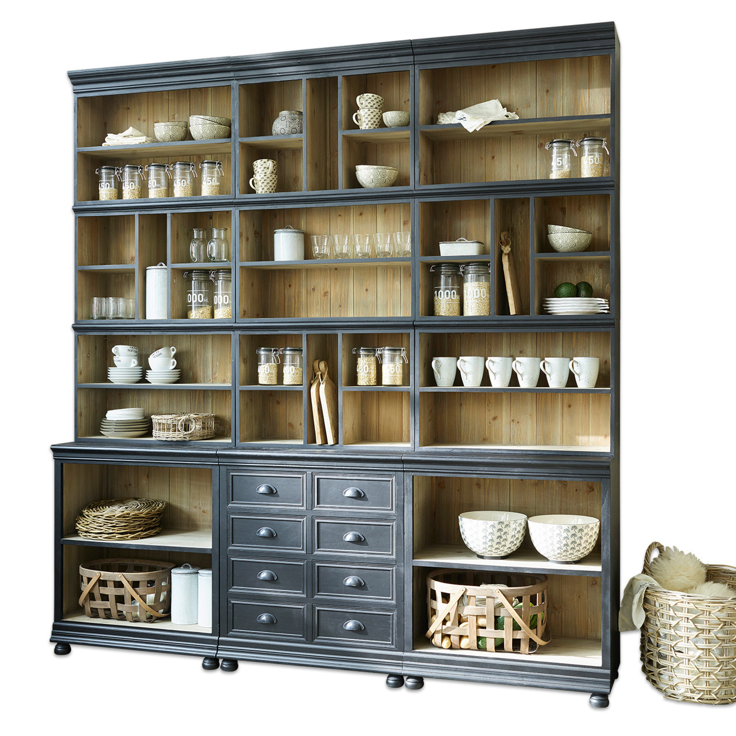 Schrank Shrewsbury Grosser Holzschrank in Grau und Natur mit Schubladen und Regalen zur Küchenaufbewahrung