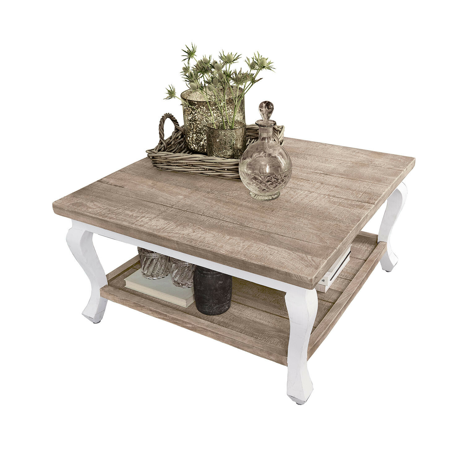 Couchtisch Riverside Quadratischer Couchtisch aus Holz mit weissen Beinen, Dekoration und Ablage für Bücher