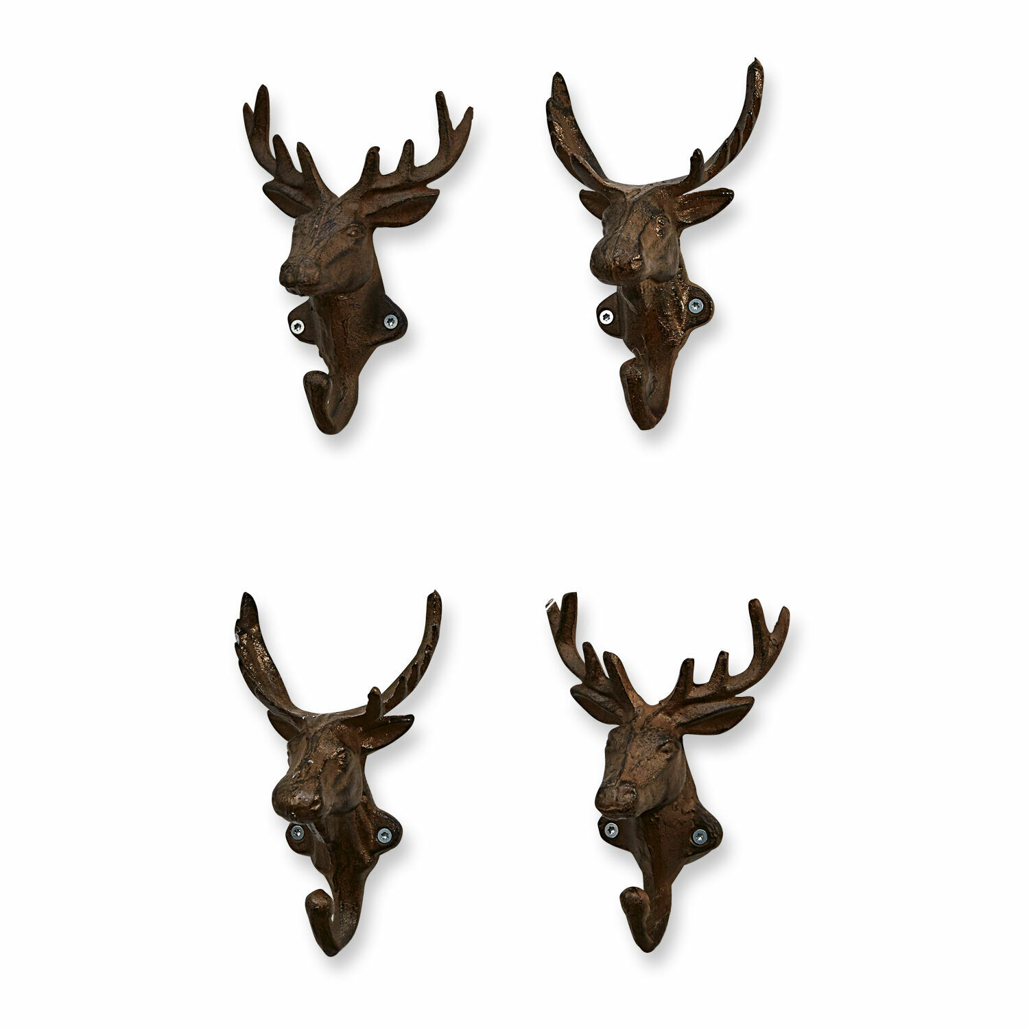 Haken 4er Set Deer Set aus vier braunen Metall-Wandhaken in Form eines Hirschkopfs zur Wanddekoration