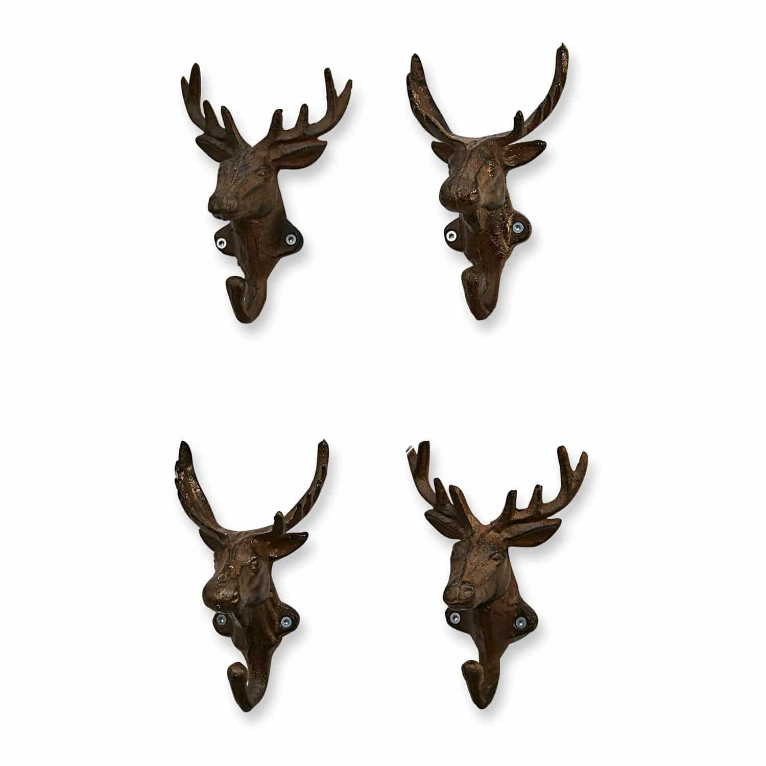 Haken 4er Set Deer Set aus vier braunen Metall-Wandhaken in Form eines Hirschkopfs zur Wanddekoration
