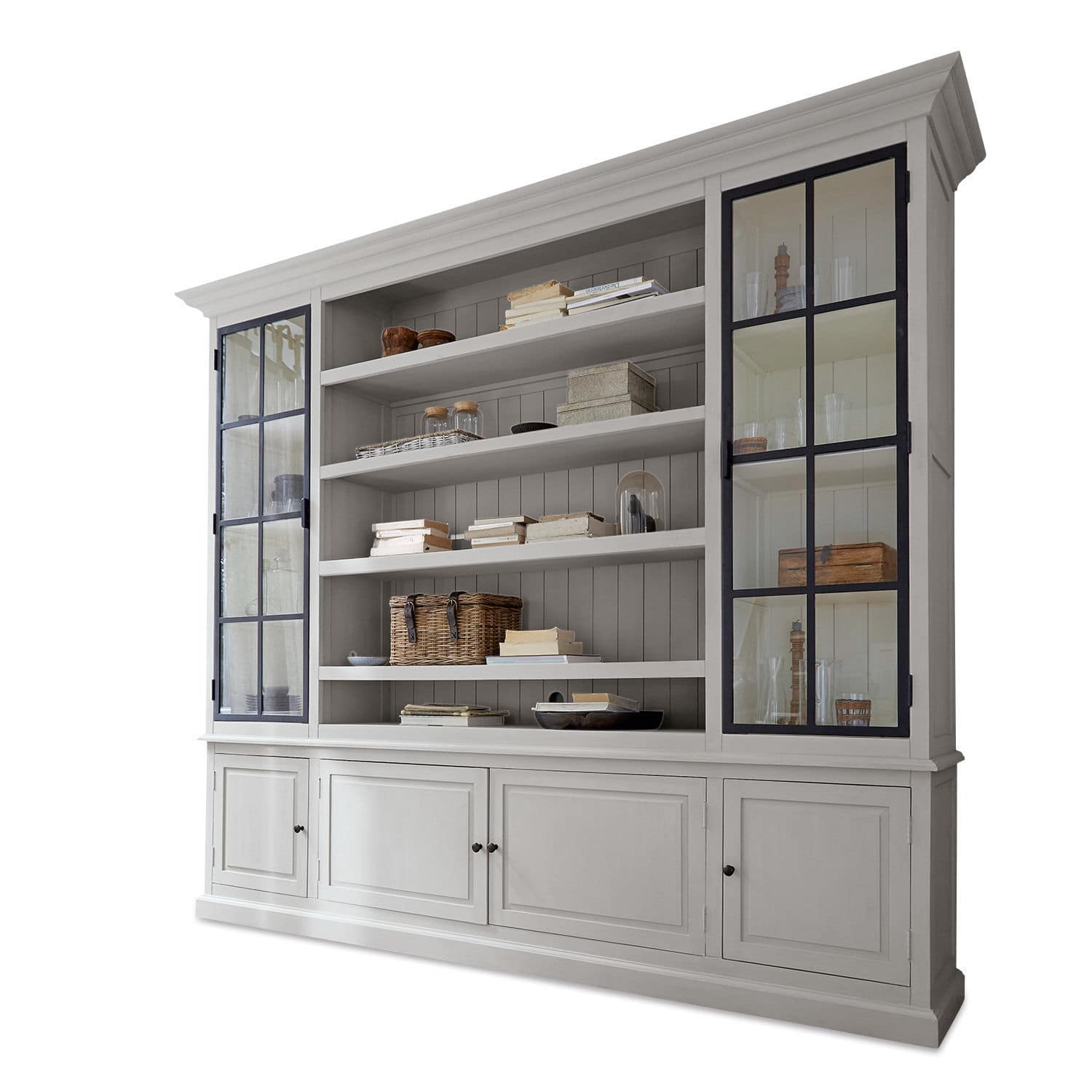 Schrank Pratola Grosser weisser Holzschrank mit Glastüren und Regalen für Bücher und Dekorationen