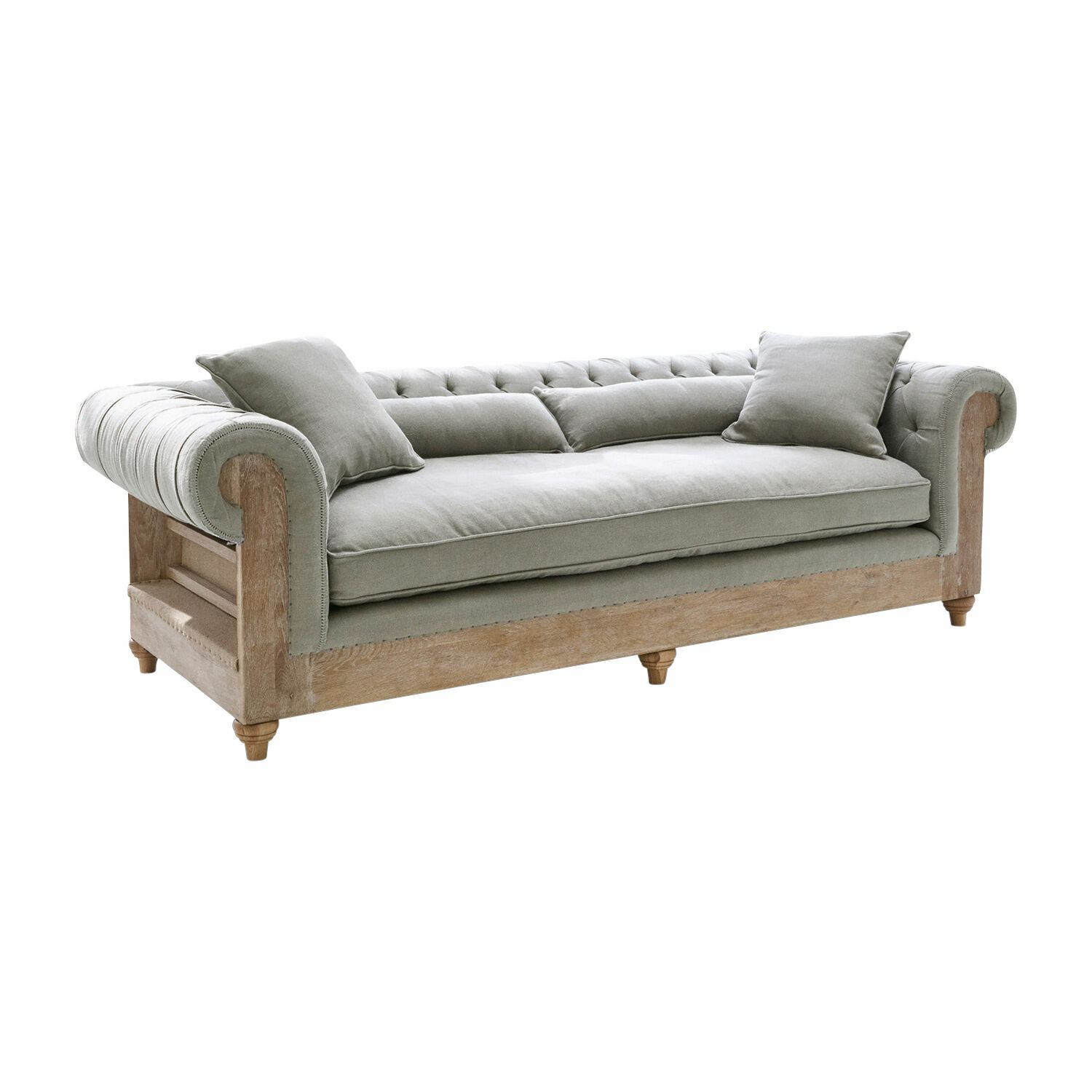 Sofa Kanani Chesterfield-Sofa aus graugrünem Stoff mit natürlichem Holzrahmen im Vintage-Stil