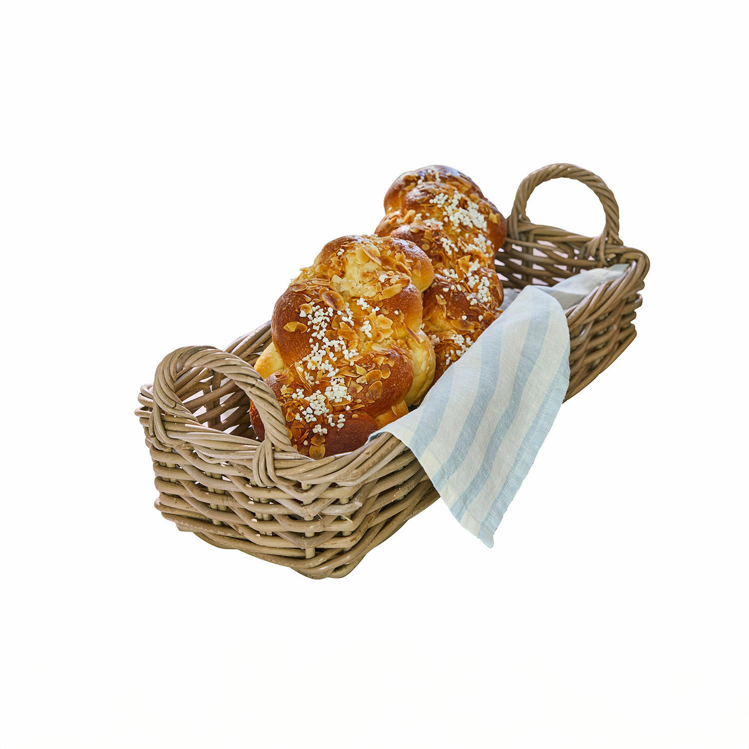 Korb Balmis Wikingerkorb mit zwei süssen Hefebrötchen, bestreut mit Mandeln und Hagelzucker