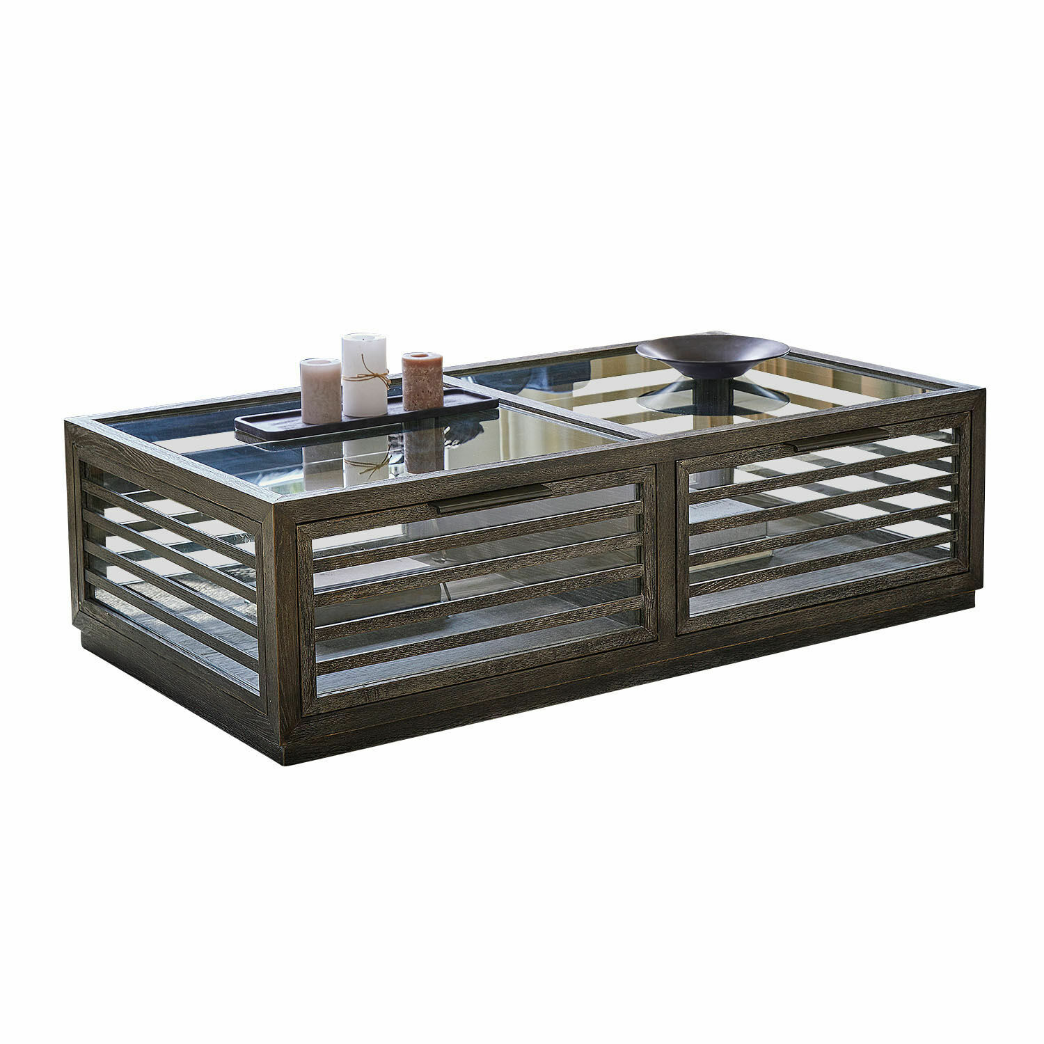 Couchtisch Trowbridge Moderner Couchtisch aus dunklem Holz mit Glasplatte und dekorativen Kerzen, stilvolles Design