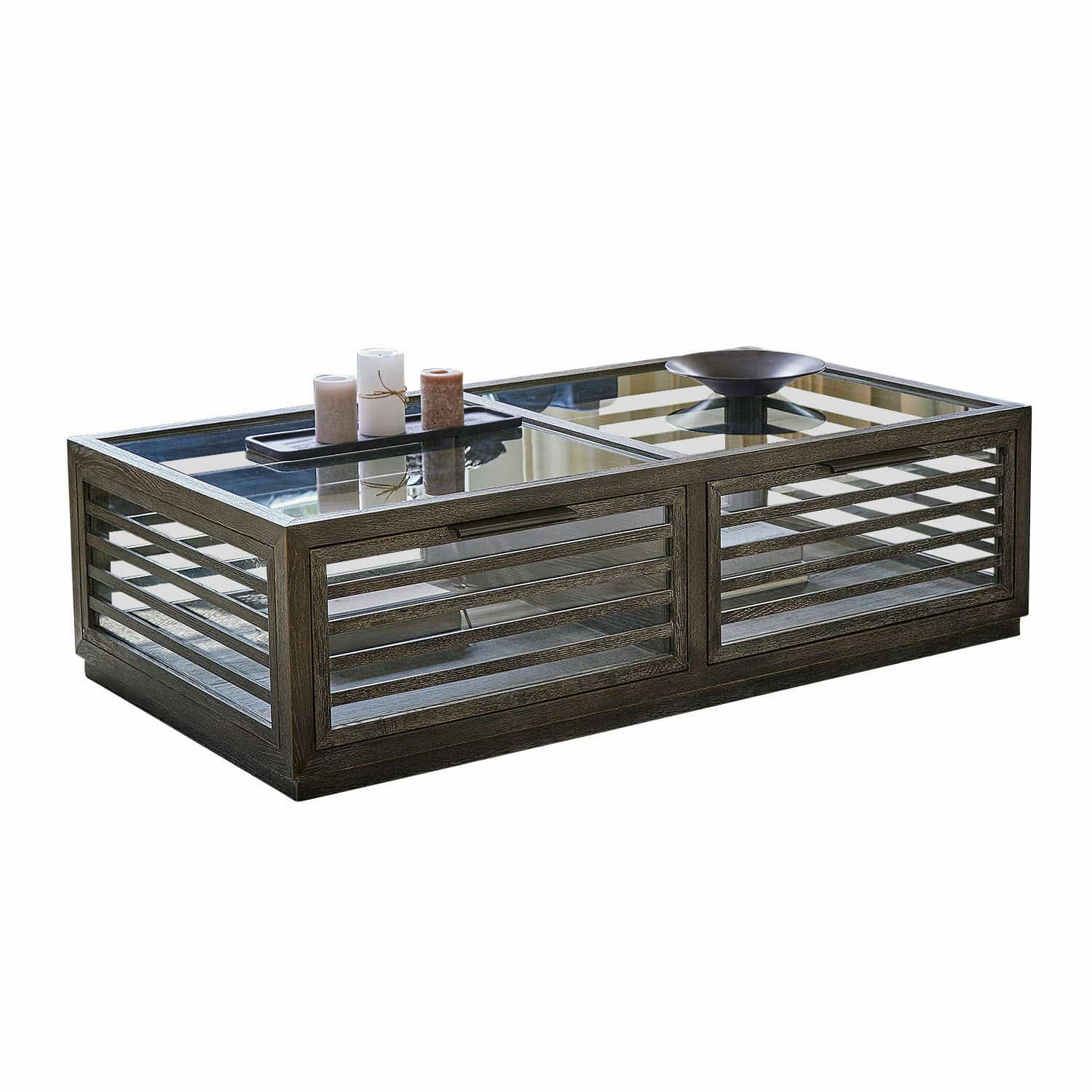 Couchtisch Trowbridge Moderner Couchtisch aus dunklem Holz mit Glasplatte und dekorativen Kerzen, stilvolles Design