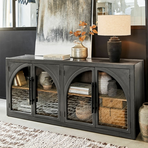 Schwarzes Metall-Sideboard mit Glastüren und industriellem Design für das Wohnzimmer