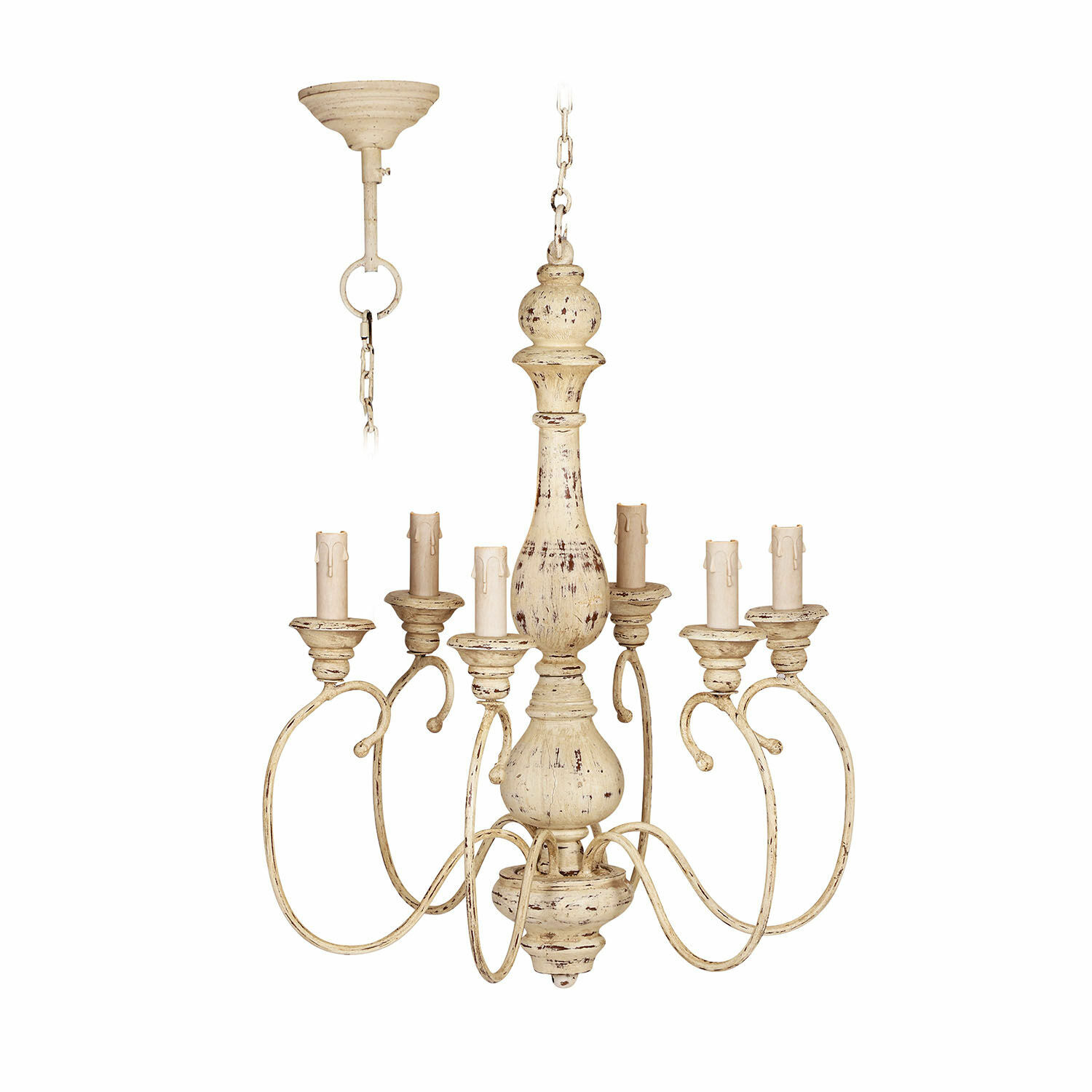 Hängelampe Greenwich Vintage-Metall-Kronleuchter in Creme mit sechs Kerzenhaltern, dekoratives Beleuchtungselement für Innenräume.