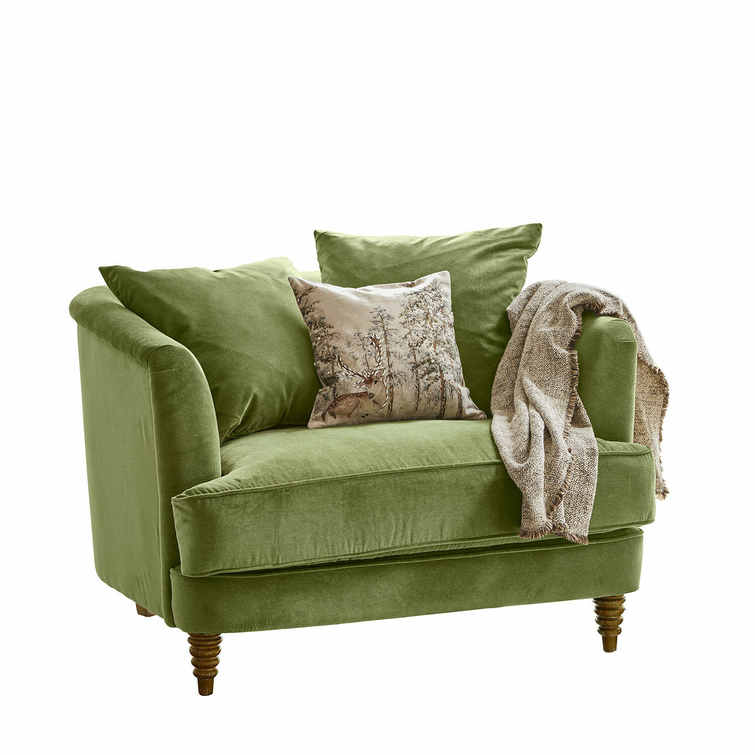 Sessel Etueffont Grünes Sofa aus weichem Stoff mit Kissen und beigefarbener Decke, gemütliches Wohnzimmermöbel