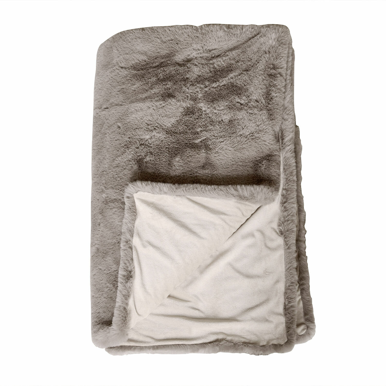 Plaid Brisvento Weiche Decke aus grauem Kunstfell und cremefarbenem Fleece, ideal für Wohnzimmer und Schlafzimmer.