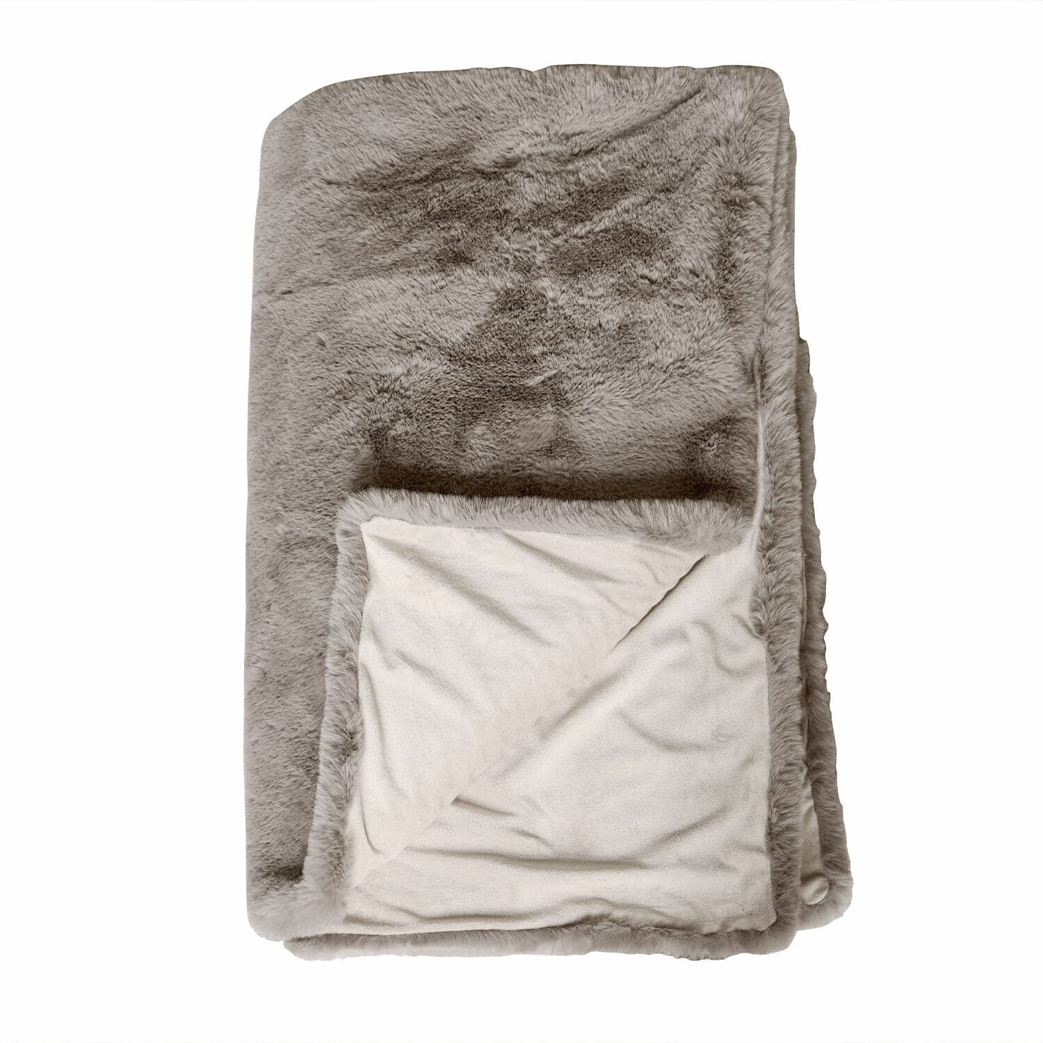 Plaid Brisvento Weiche Decke aus grauem Kunstfell und cremefarbenem Fleece, ideal für Wohnzimmer und Schlafzimmer.